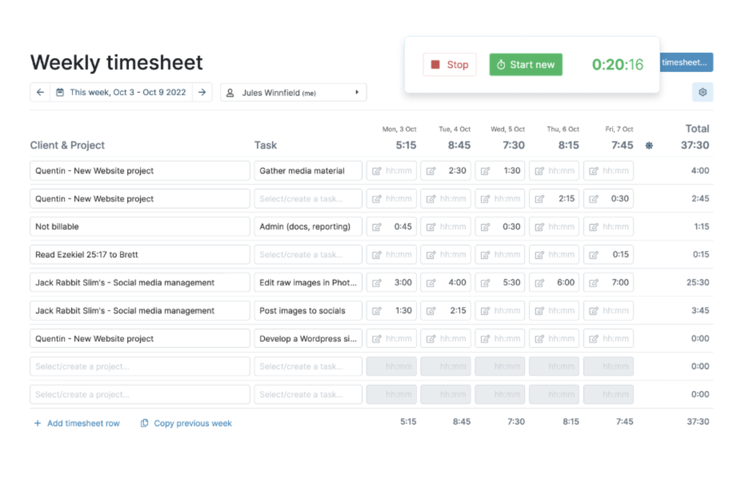 My Hours screenshot - 23 meilleurs logiciels de suivi du temps et de facturation examinés en 2026