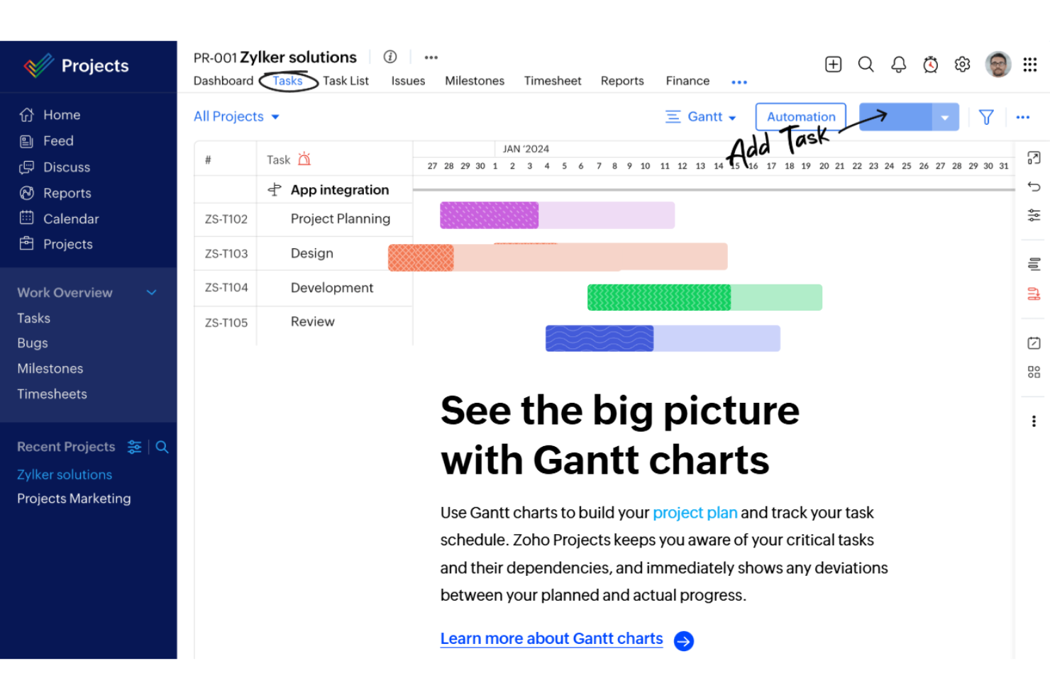 Zoho Projects screenshot - 15 Mejores Herramientas de Productividad con IA Analizadas en 2026