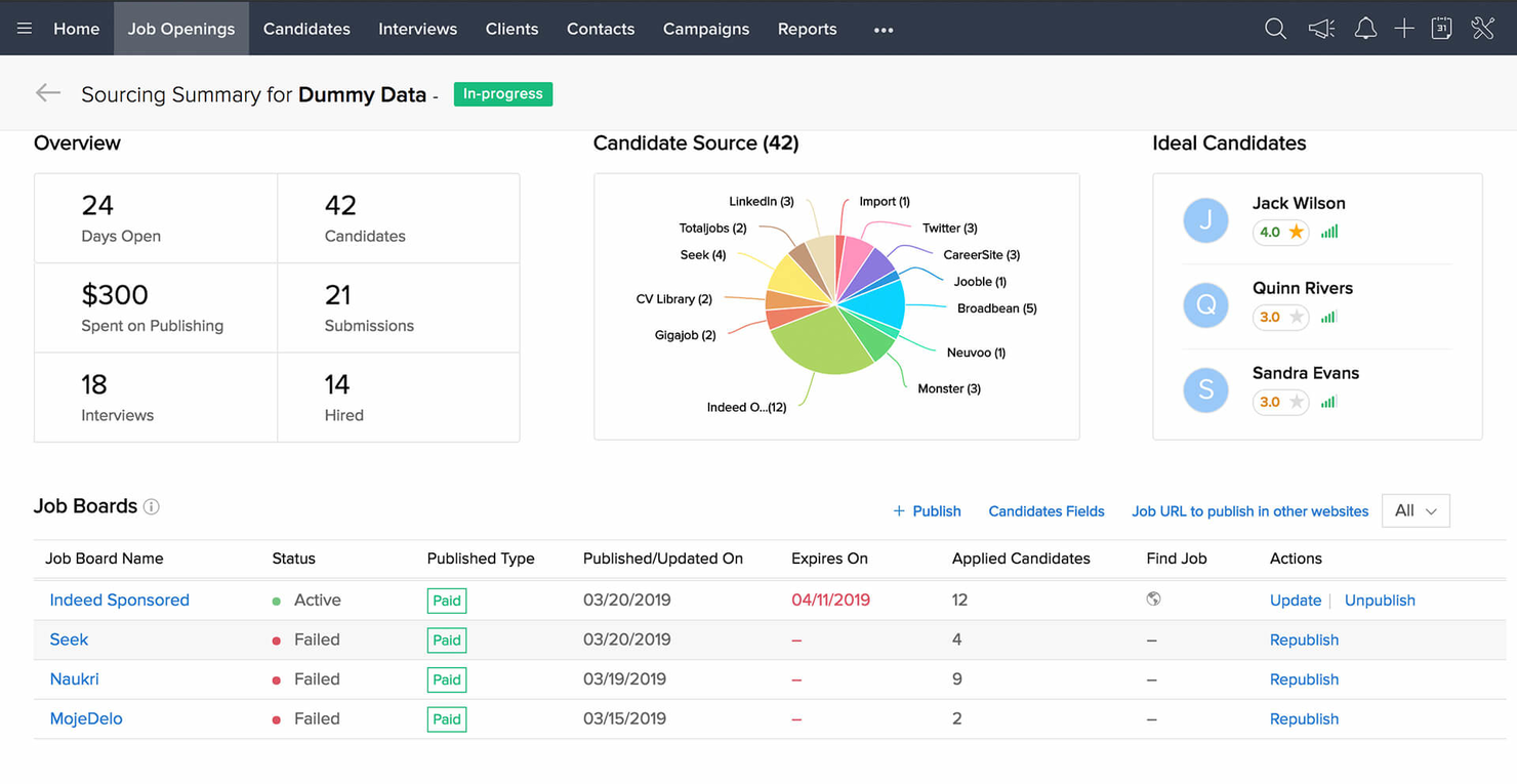 Zoho Recruit screenshot - 10 meilleurs logiciels pour agences de recrutement : Testés en 2026