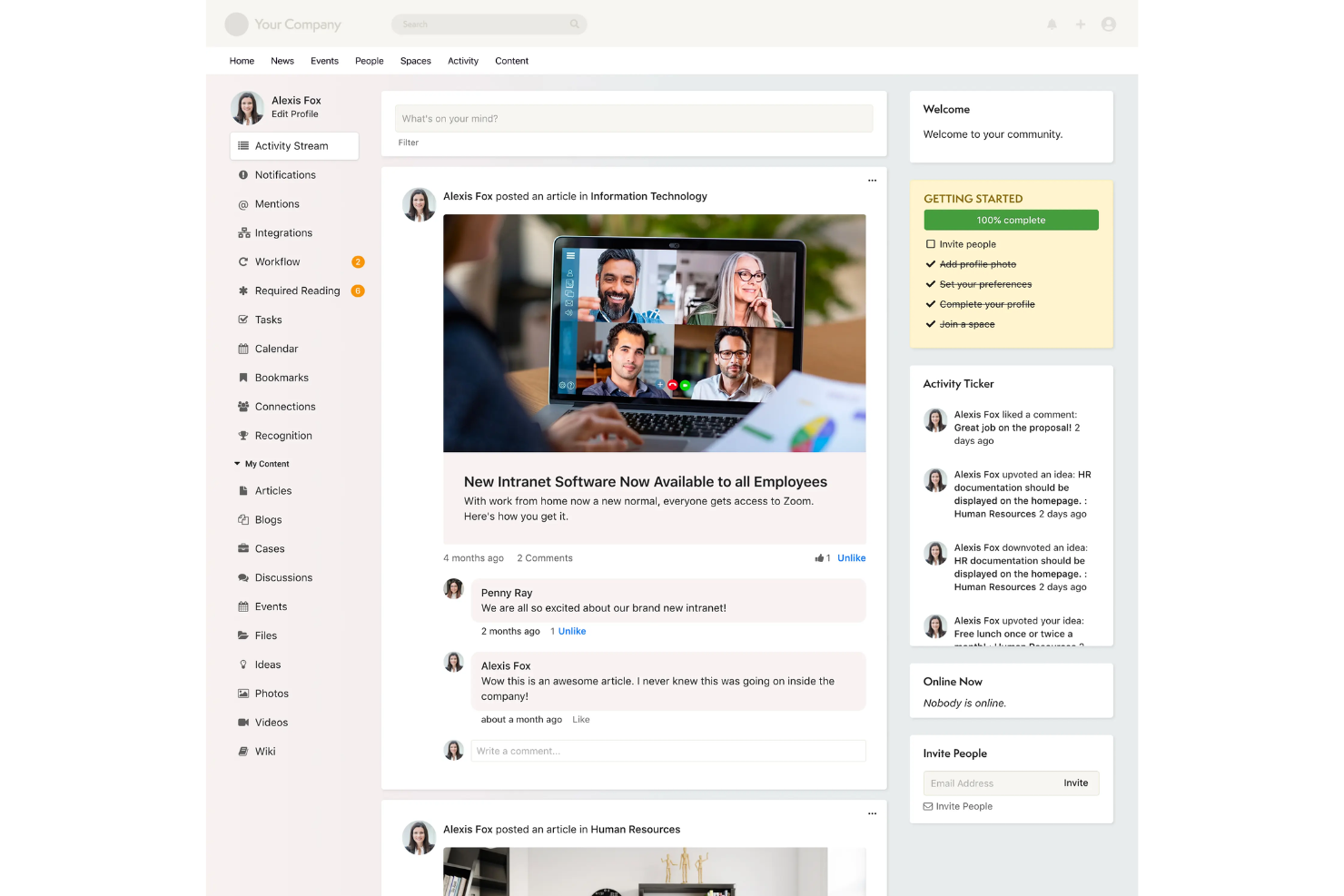 Axero screenshot - 26 mejores herramientas de colaboración para equipos remotos en 2026