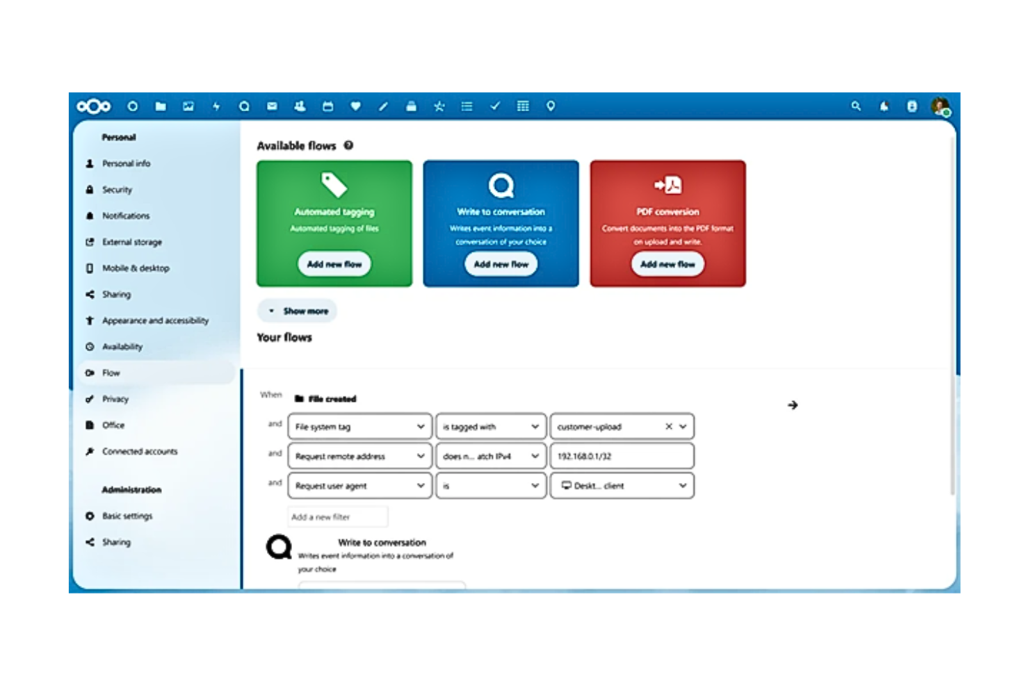 Nextcloud screenshot - 10 mejores programas de gestión de flujos de trabajo de código abierto para 2026