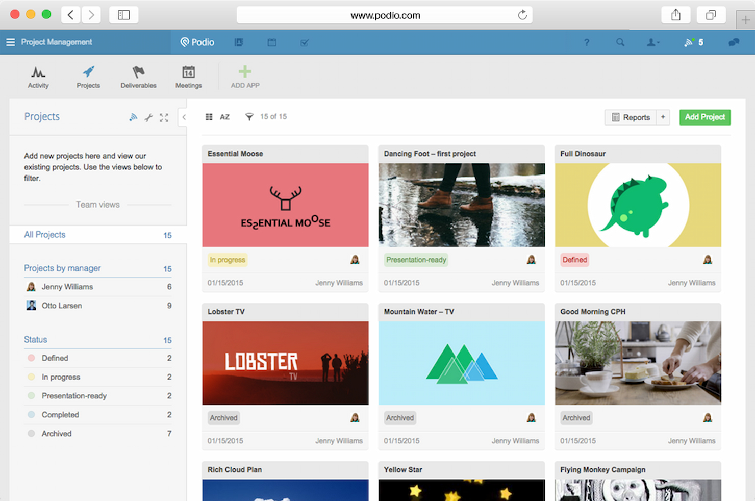 Podio screenshot - 27 opciones de software de informes de proyectos para 2026