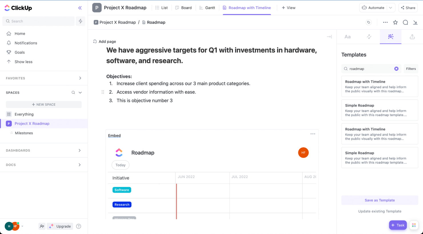 ClickUp screenshot - Die 10 besten Softwarelösungen für Projekt-Roadmaps zur strategischen Planung im Jahr 2026