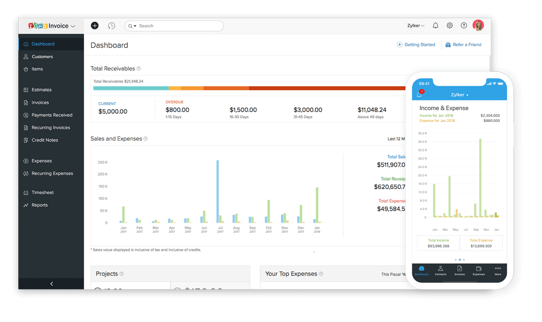 Zoho Invoice screenshot - 10 Meilleurs Logiciels de Gestion de Projet avec Facturation pour 2026