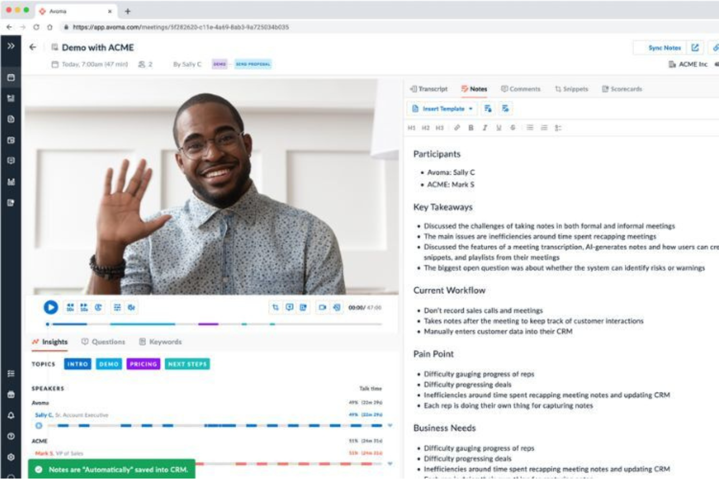 Avoma screenshot - I 27 migliori assistenti IA per riunioni nel 2026