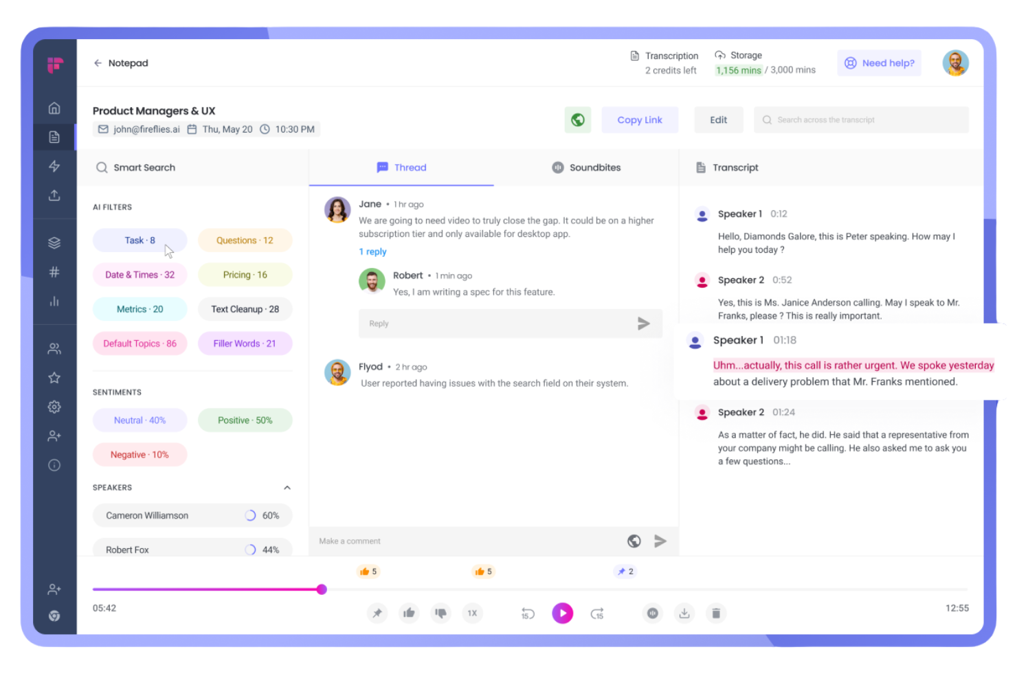 Fireflies.ai screenshot - I 27 migliori assistenti IA per riunioni nel 2026