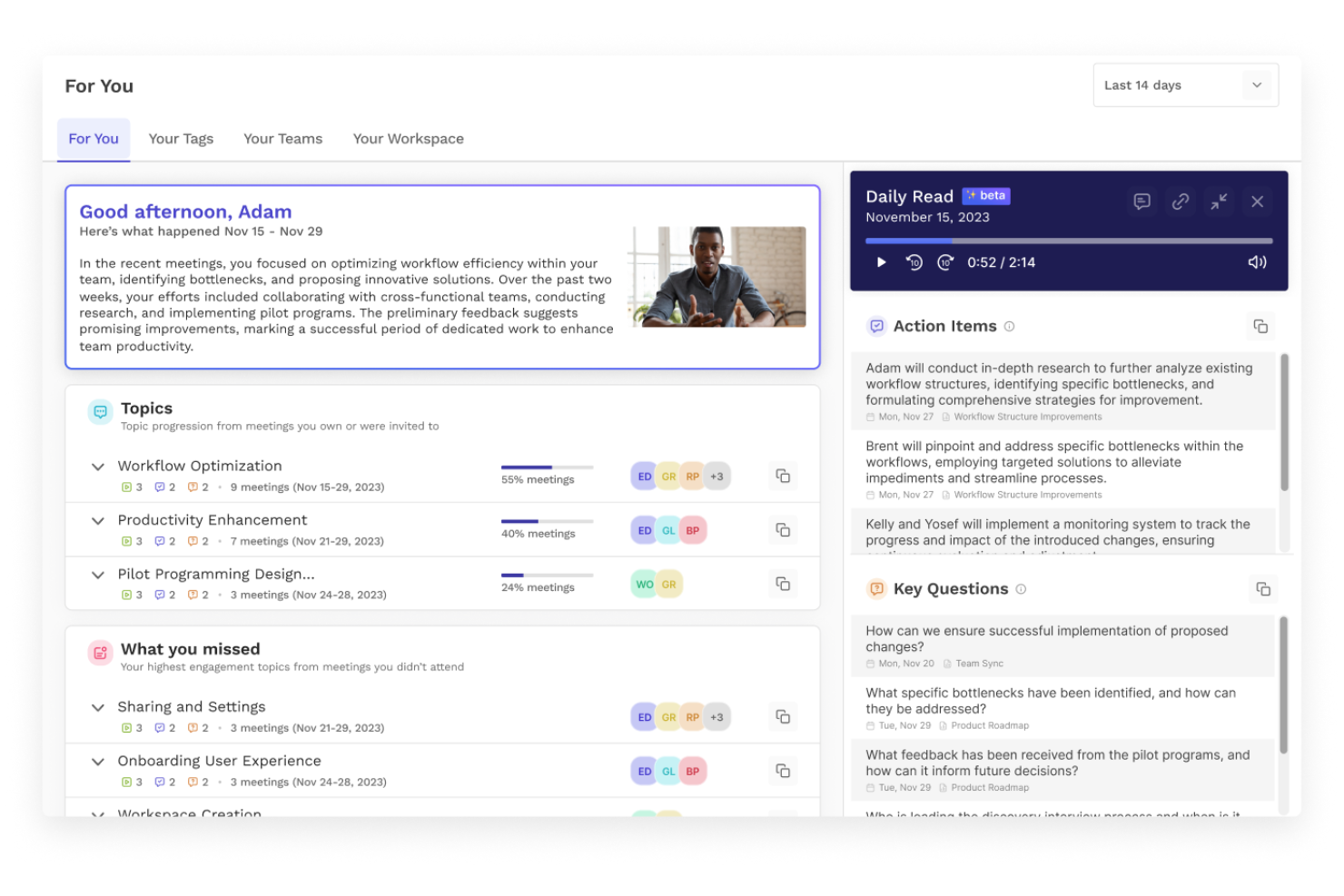 Read AI screenshot - I 27 migliori assistenti IA per riunioni nel 2026