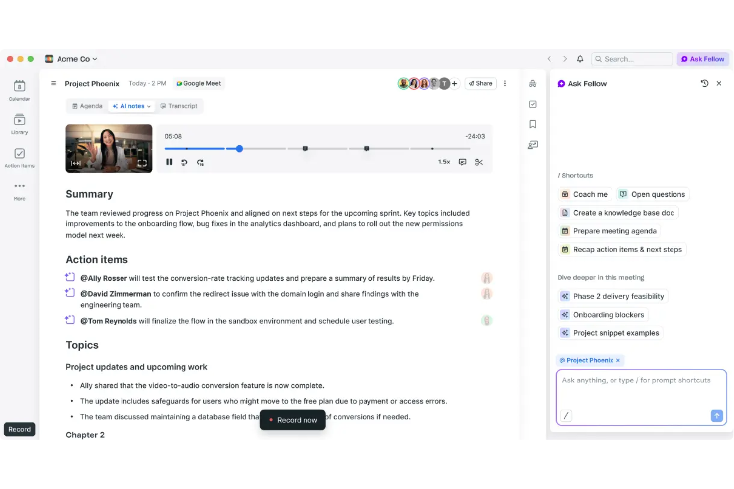 Fellow screenshot - I 27 migliori assistenti IA per riunioni nel 2026