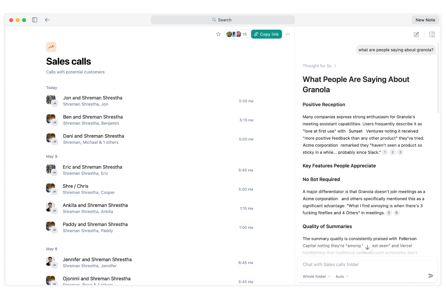 Granola screenshot - I 27 migliori assistenti IA per riunioni nel 2026