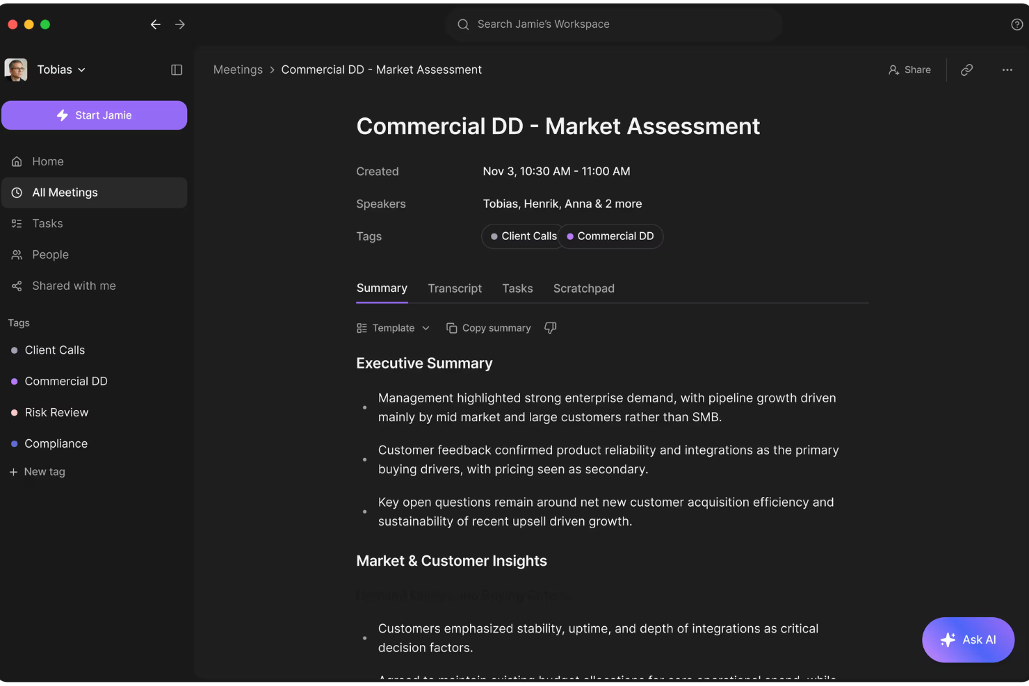 Jamie screenshot - I 27 migliori assistenti IA per riunioni nel 2026
