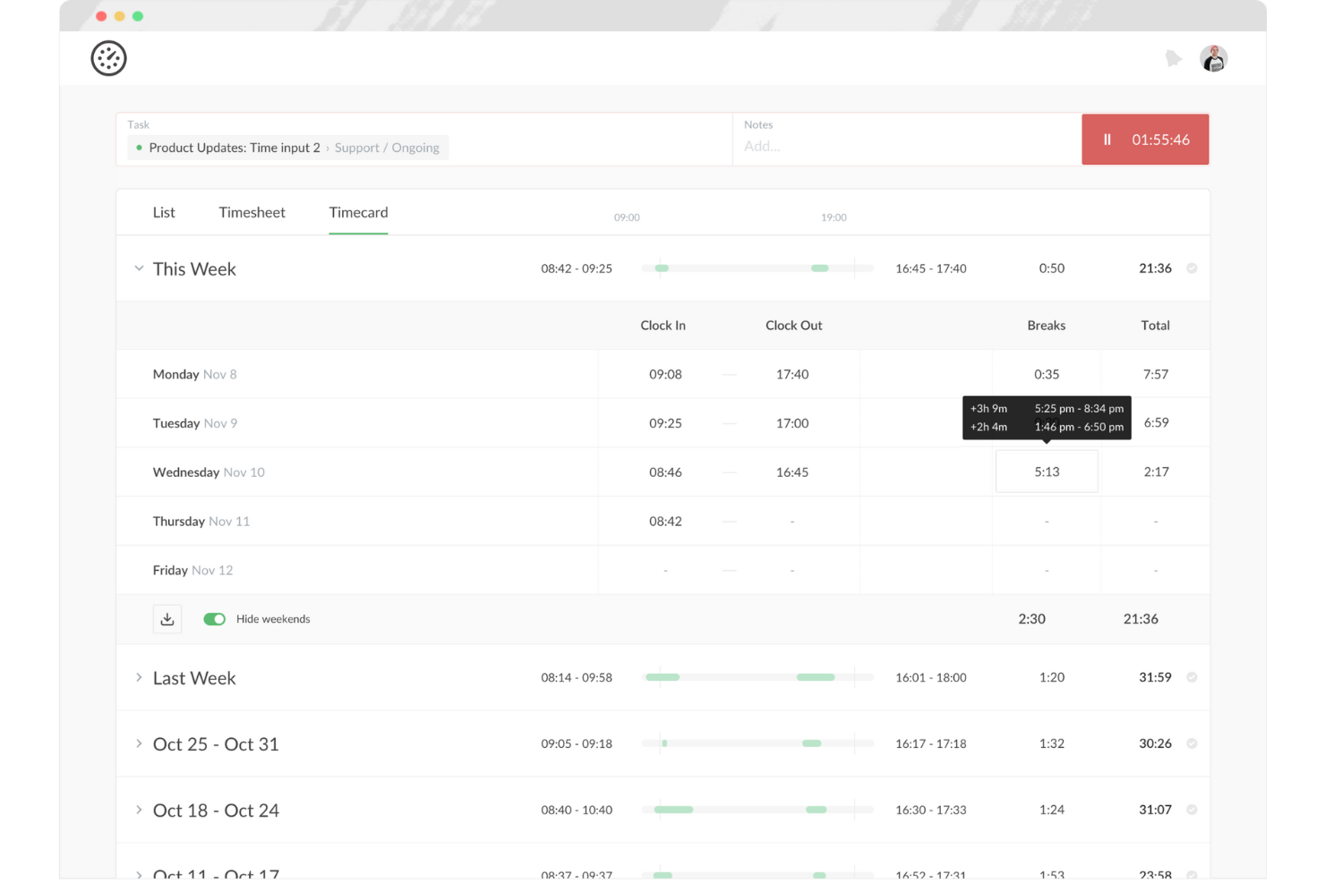 Everhour screenshot - Le 10 migliori app gratuite per il monitoraggio del tempo per freelance recensite nel 2026