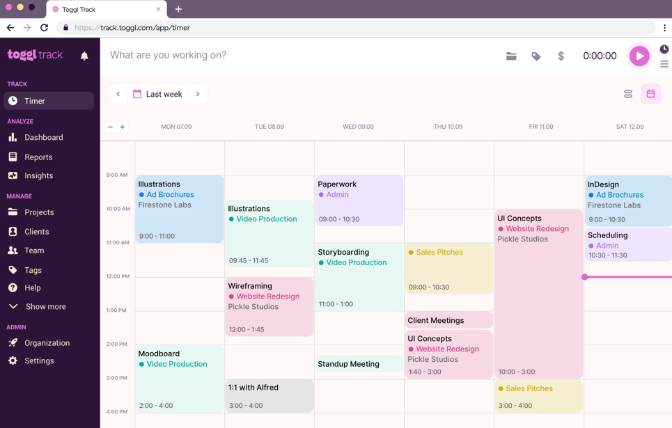 Toggl Track screenshot - I 10 migliori software di monitoraggio del tempo per team remoti nel 2026