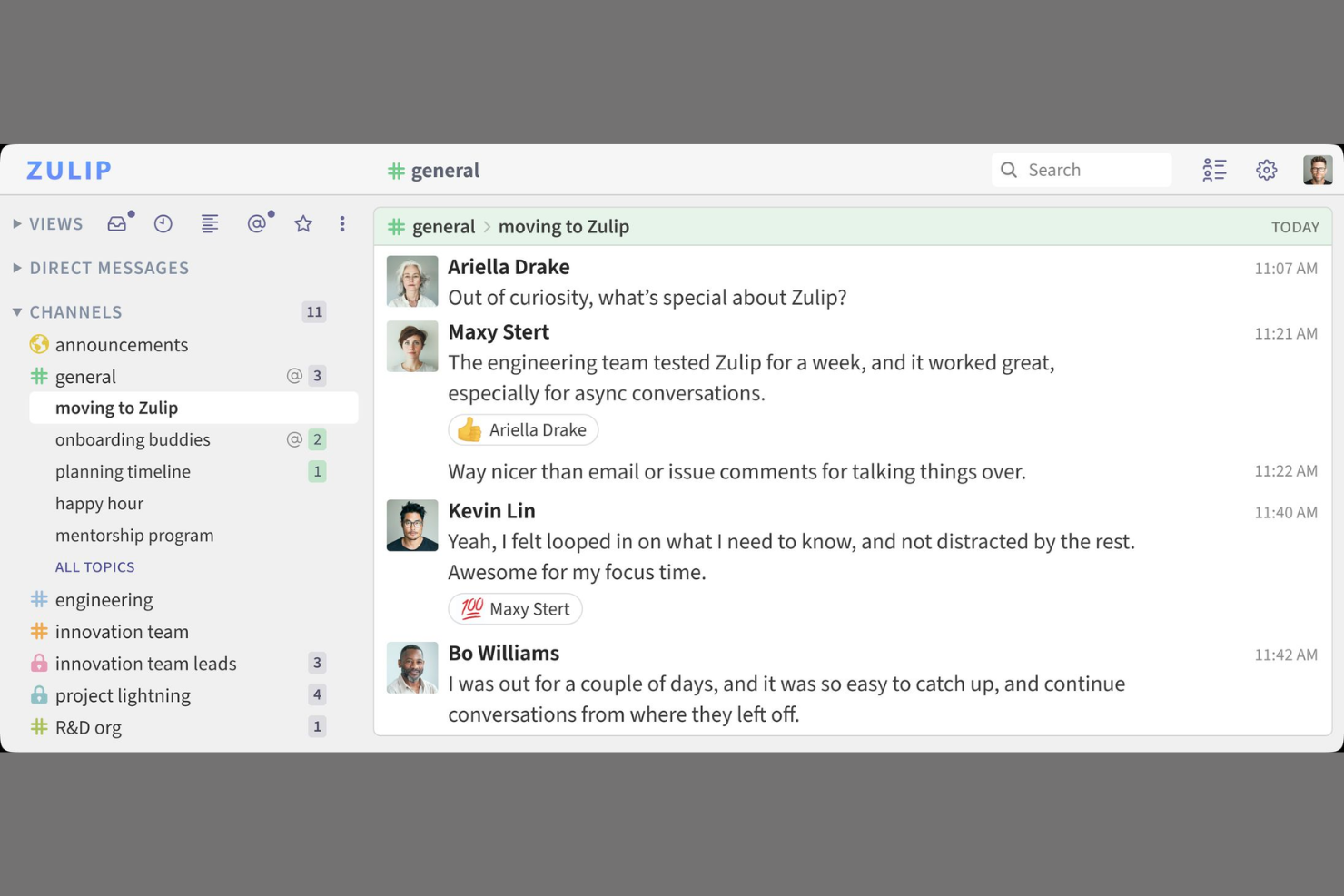 Zulip screenshot - 10 Beste tools voor interne communicatie in 2026