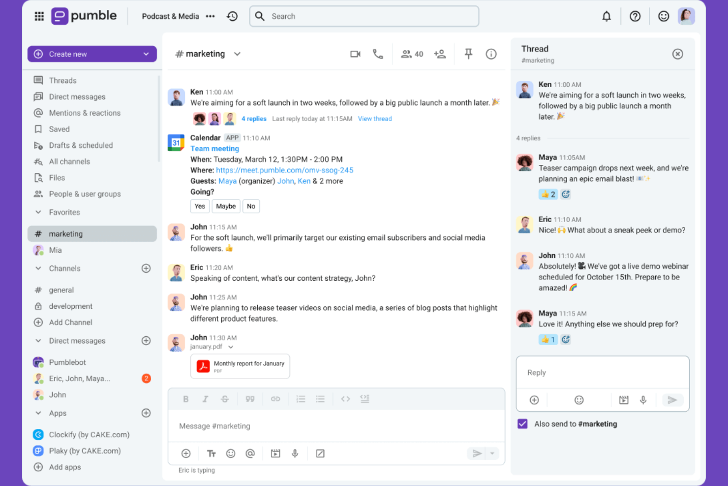 Pumble screenshot - 10 Beste tools voor interne communicatie in 2026