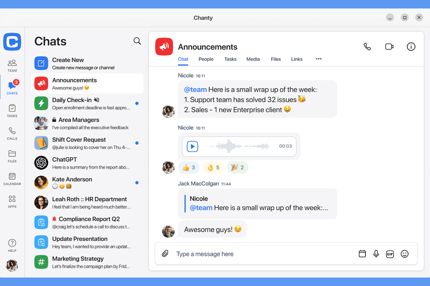 Chanty screenshot - 10 Beste tools voor interne communicatie in 2026