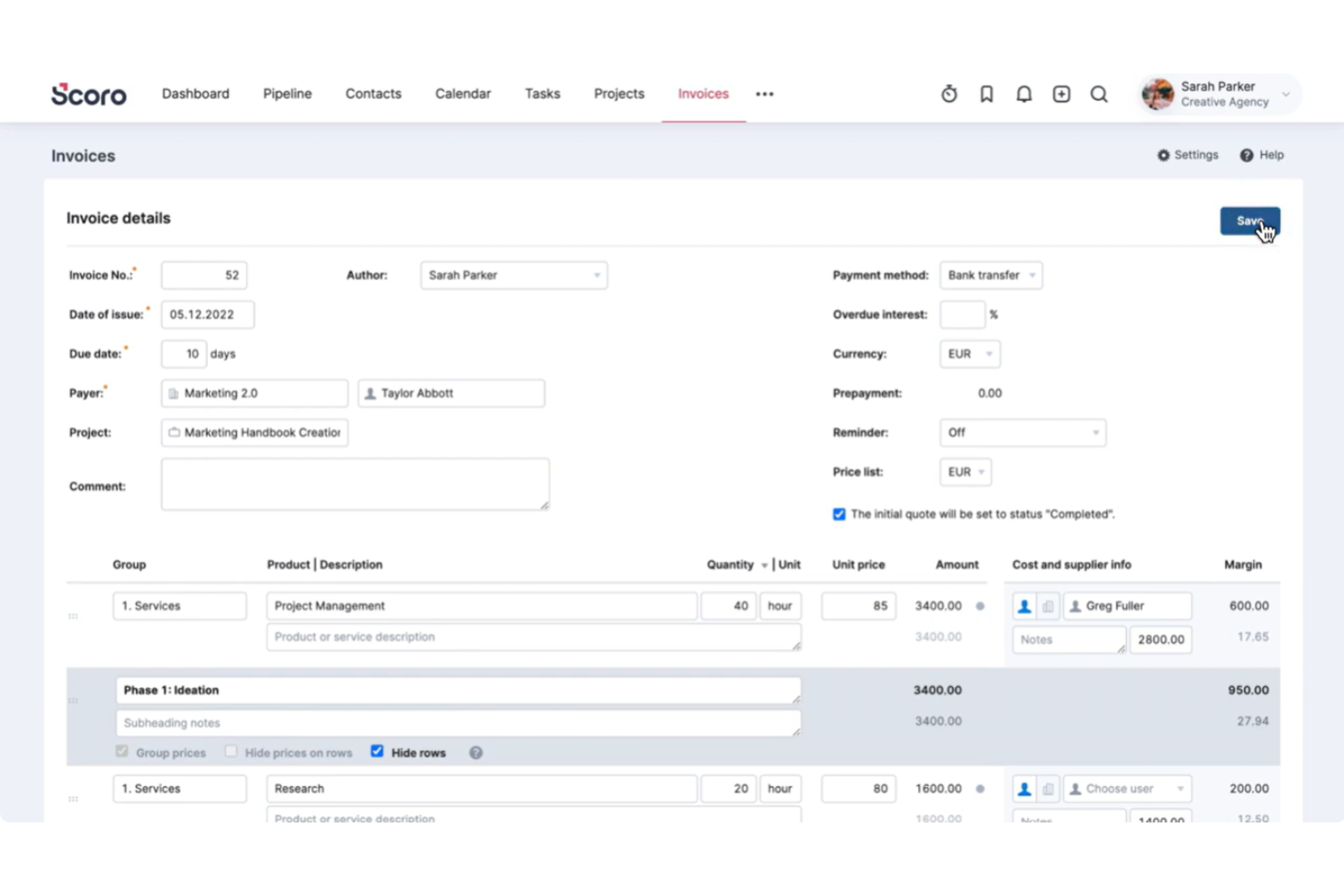 Scoro screenshot - 10 beste AI-factuurgeneratoren in 2026