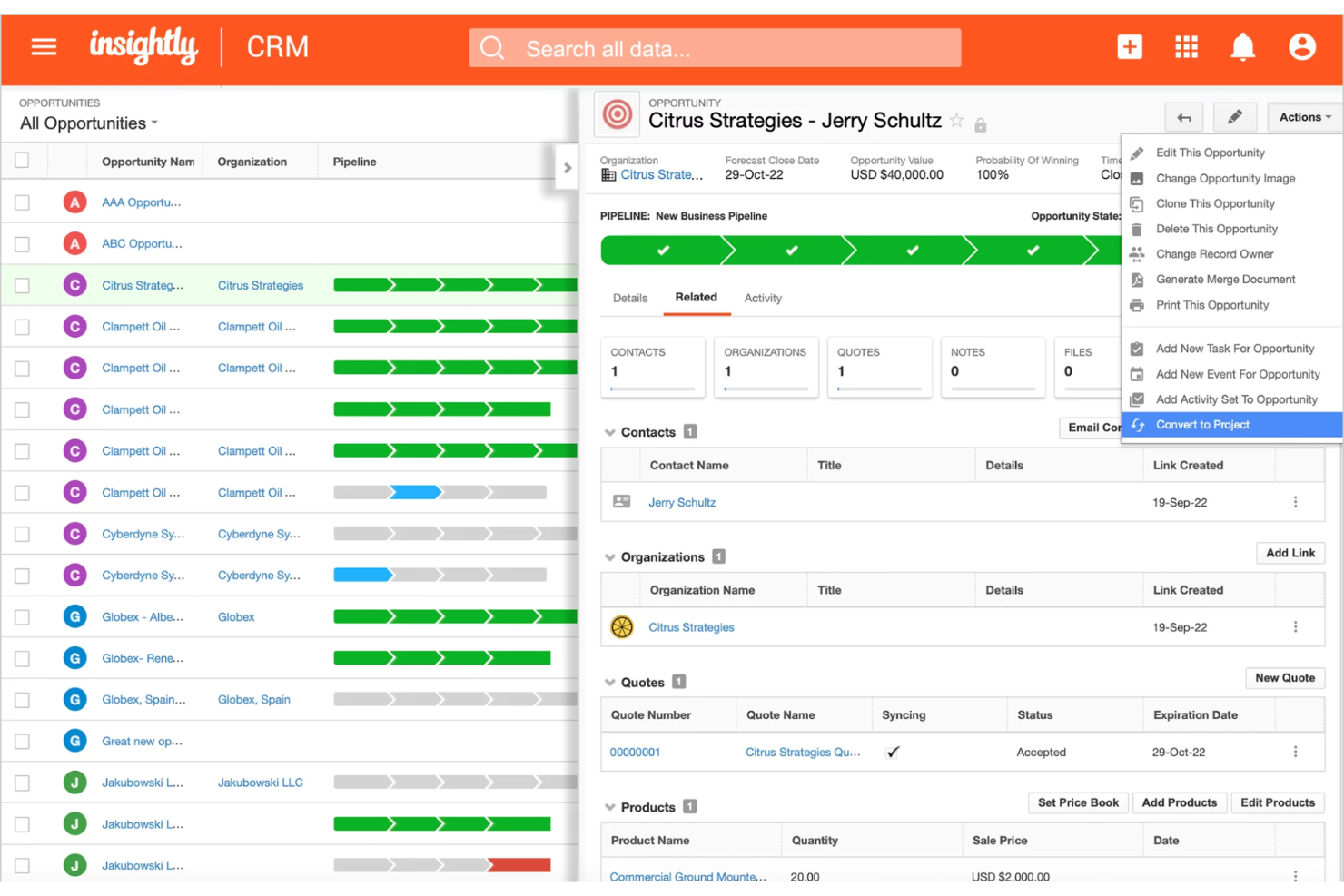 Insightly screenshot - 10 beste CRM-software voor professionele dienstverlening in 2026