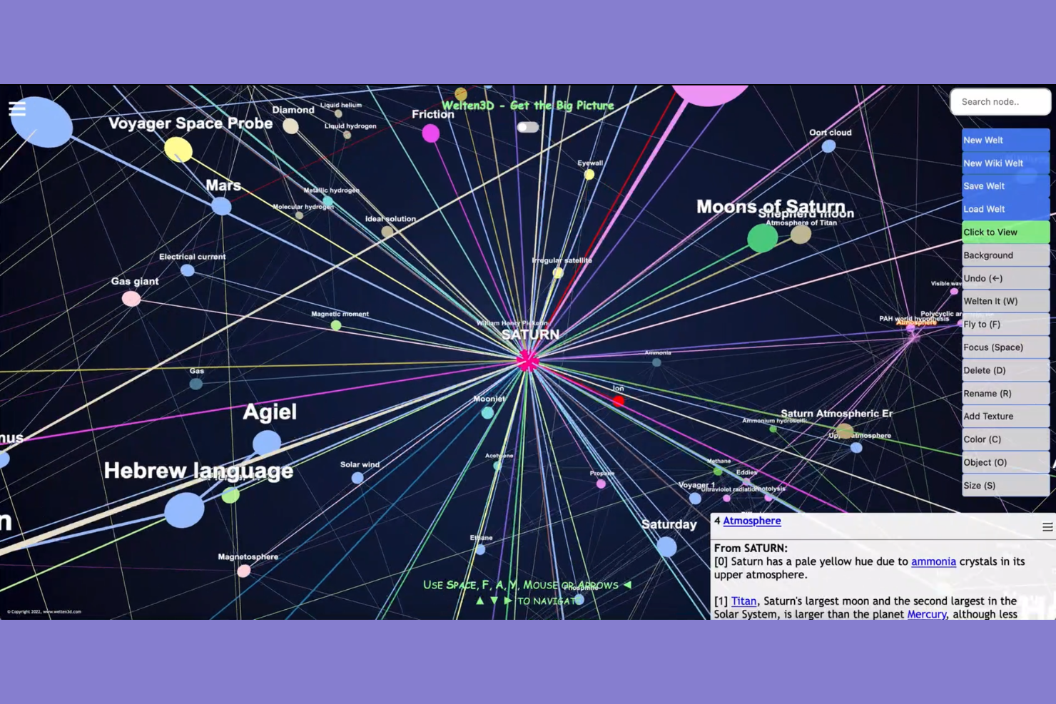 Welten3D screenshot - 4 beste software voor 3D-mindmapping in 2026