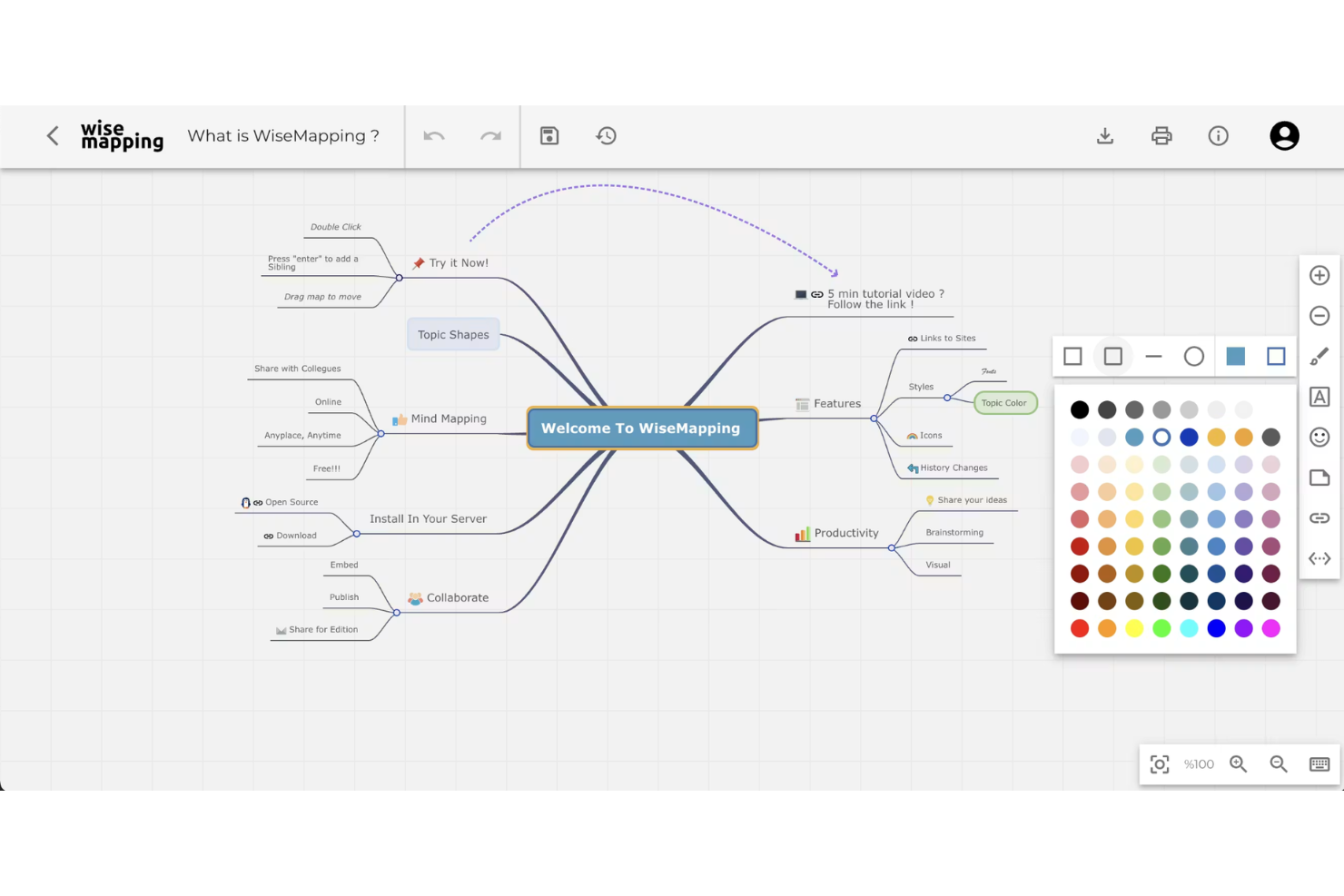 WiseMapping screenshot - 10 beste open source-mindmapsoftware in 2026