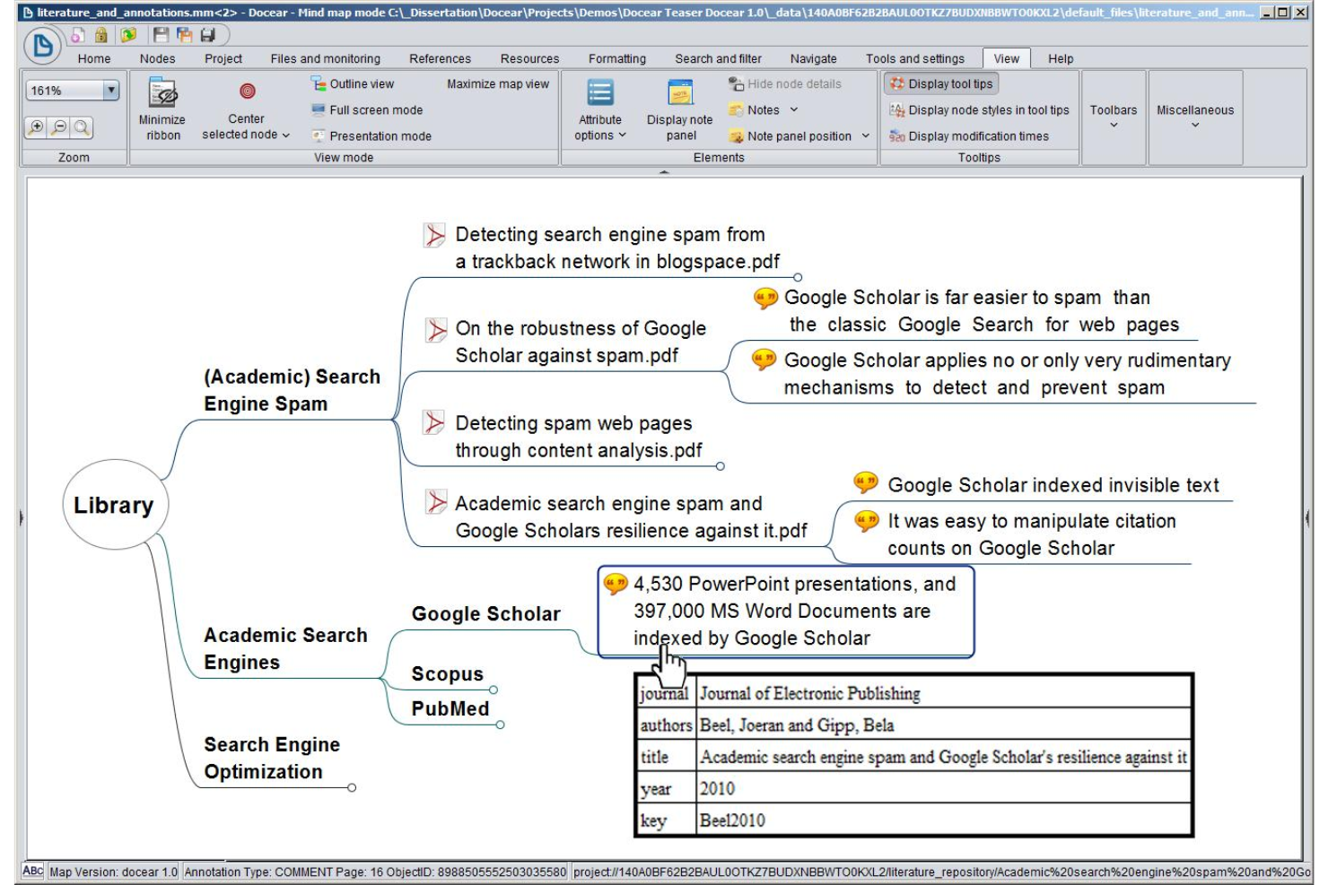 Docear screenshot - 10 beste open source-mindmapsoftware in 2026