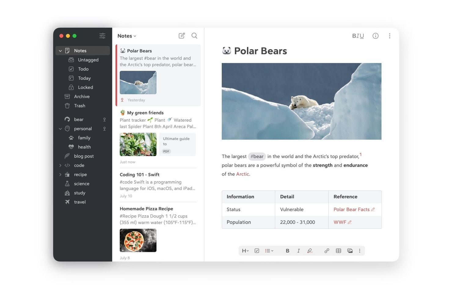Bear screenshot - 10 beste alternatieven voor Google Keep voor 2026