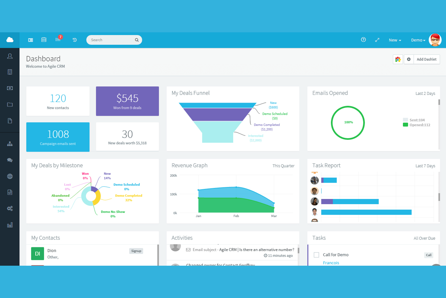 Agile CRM screenshot - 10 beste gratis softwarekeuzes voor klantbeheer, aanbevolen voor 2026