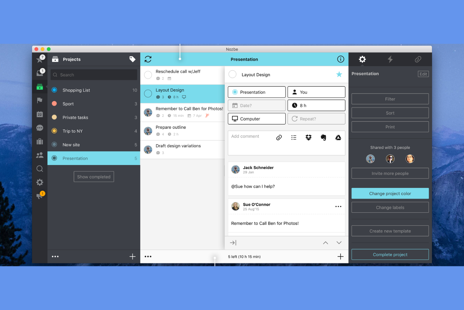Nozbe screenshot - 10 offline taakbeheerprogramma’s voor 2026