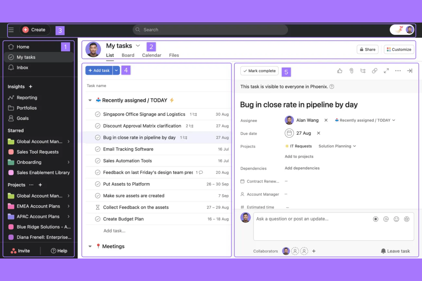 Asana screenshot - 10 softwaretools voor probleem- en projectbeheer voor 2026