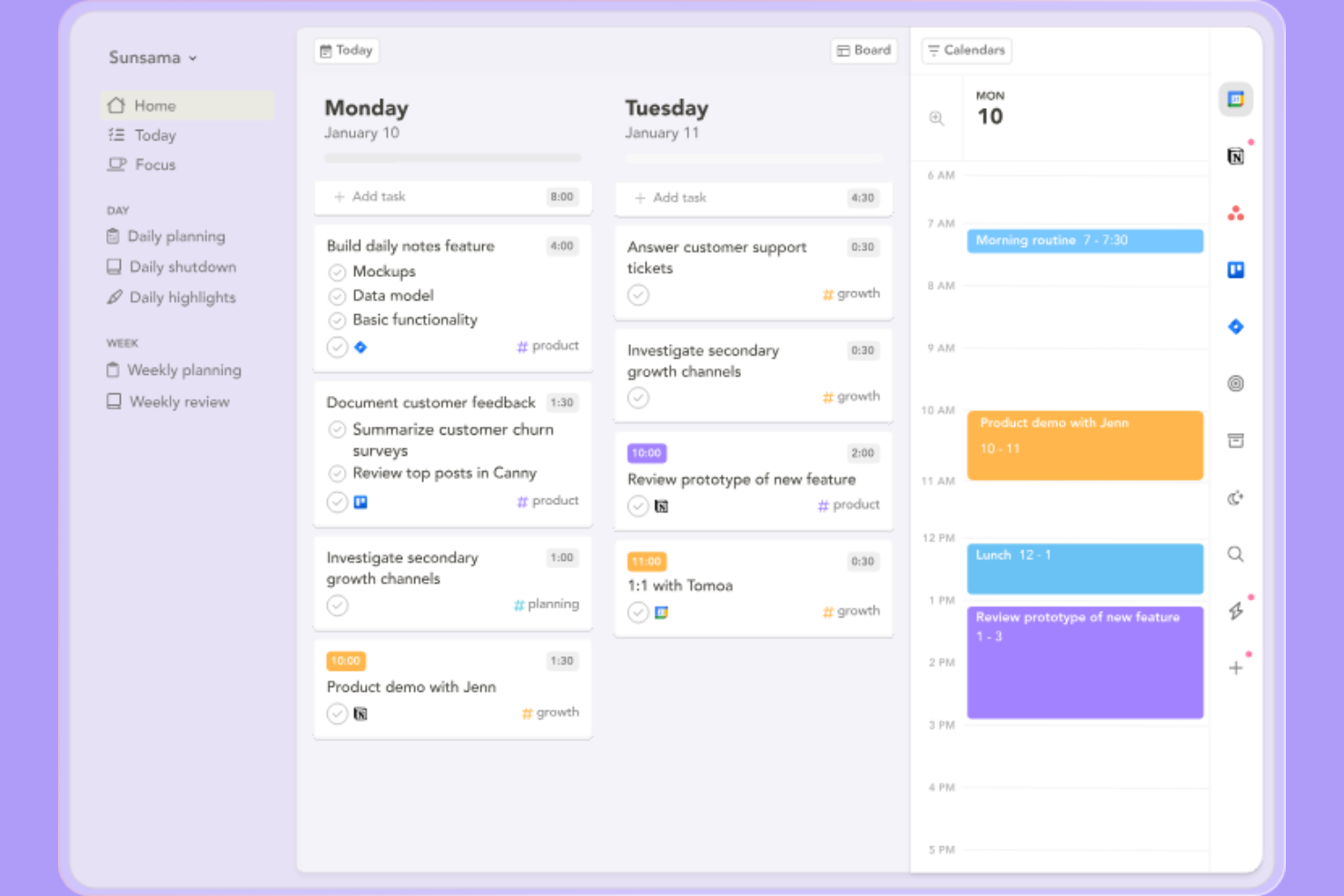Sunsama screenshot - 19 alternatieven voor Akiflow, geselecteerd voor 2026 voor slimmer taak- en agendabeheer
