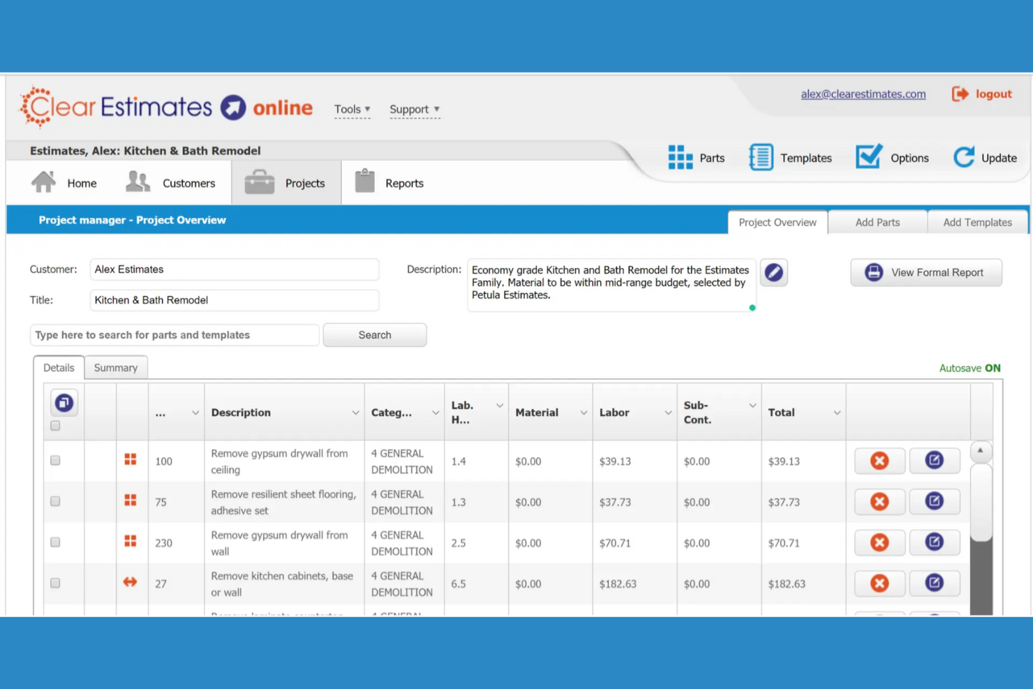 Clear Estimates screenshot - 10 beste software voor bouwramingen beoordeeld in 2026