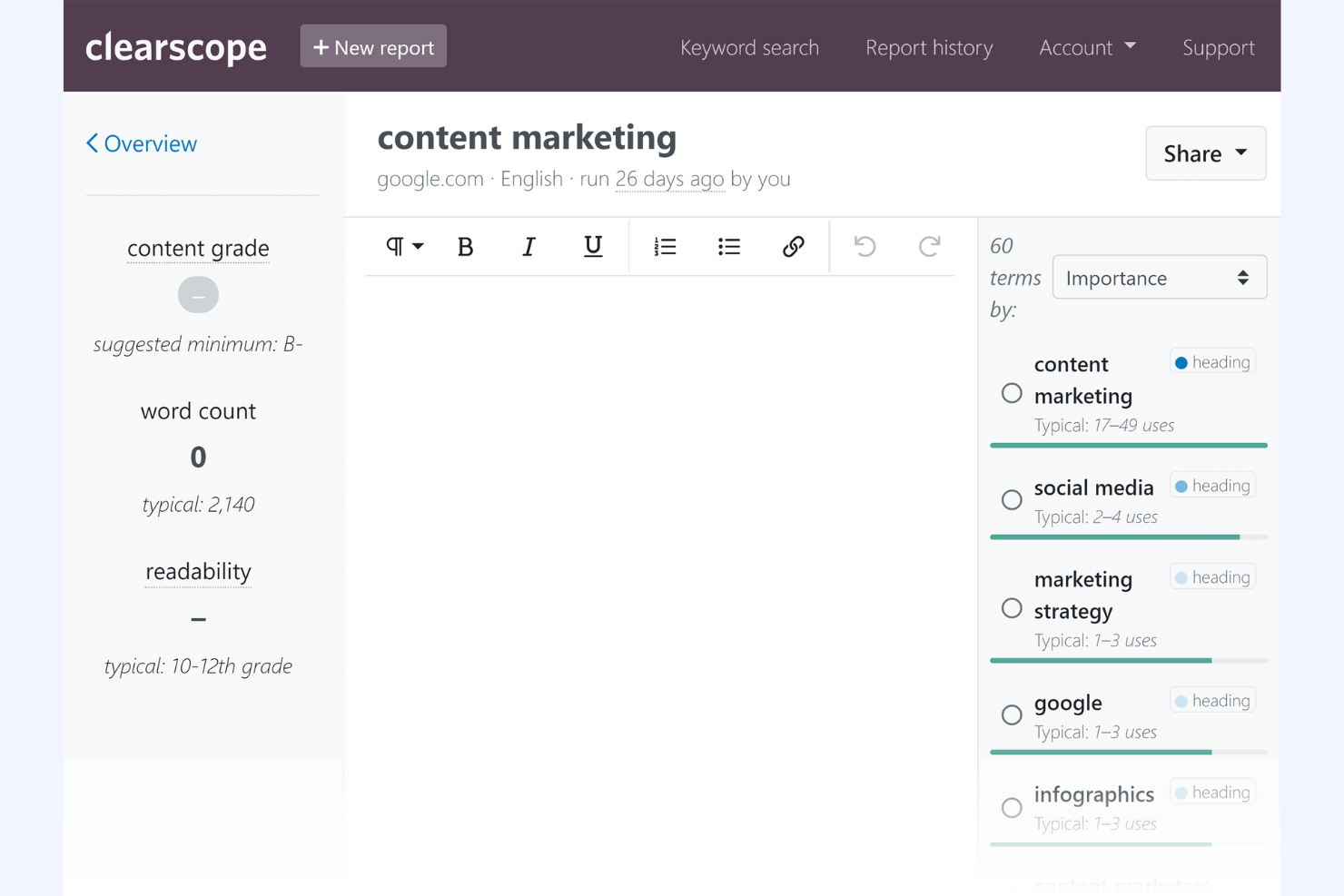 Clearscope screenshot - 10 beste software voor SEO-bureaus beoordeeld in 2026