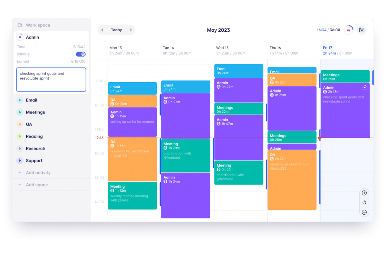 Timeular screenshot - 10 alternatieve Hubstaff-tools voor personeelsmonitoring in 2026