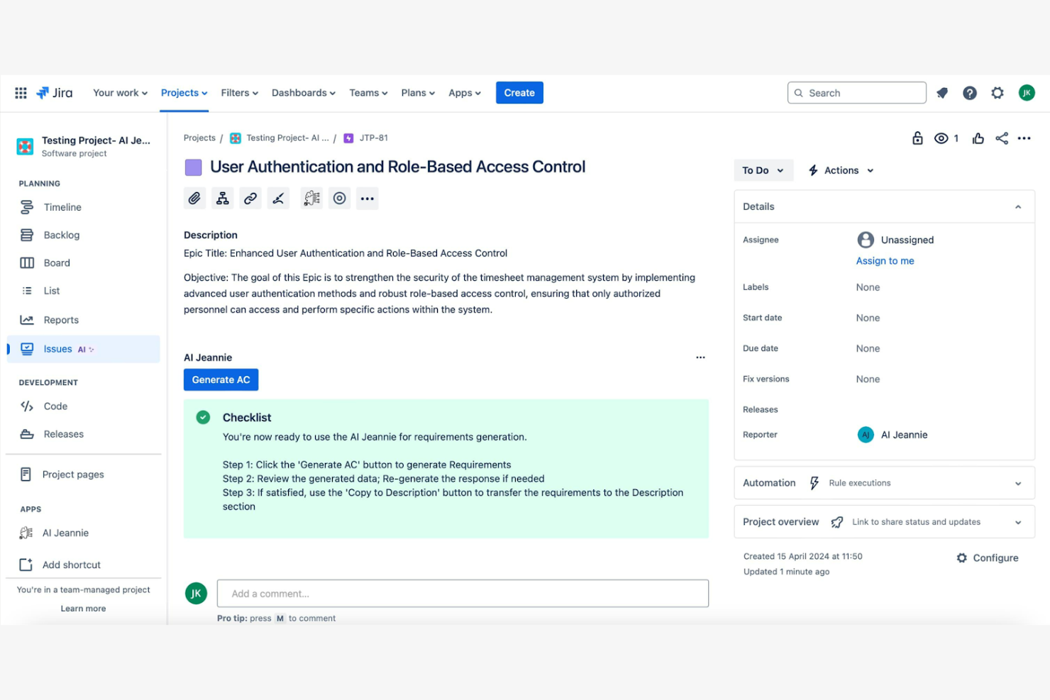 Jira screenshot - 10 beste AI-hulpmiddelen voor vereistenbeheer beoordeeld in 2026