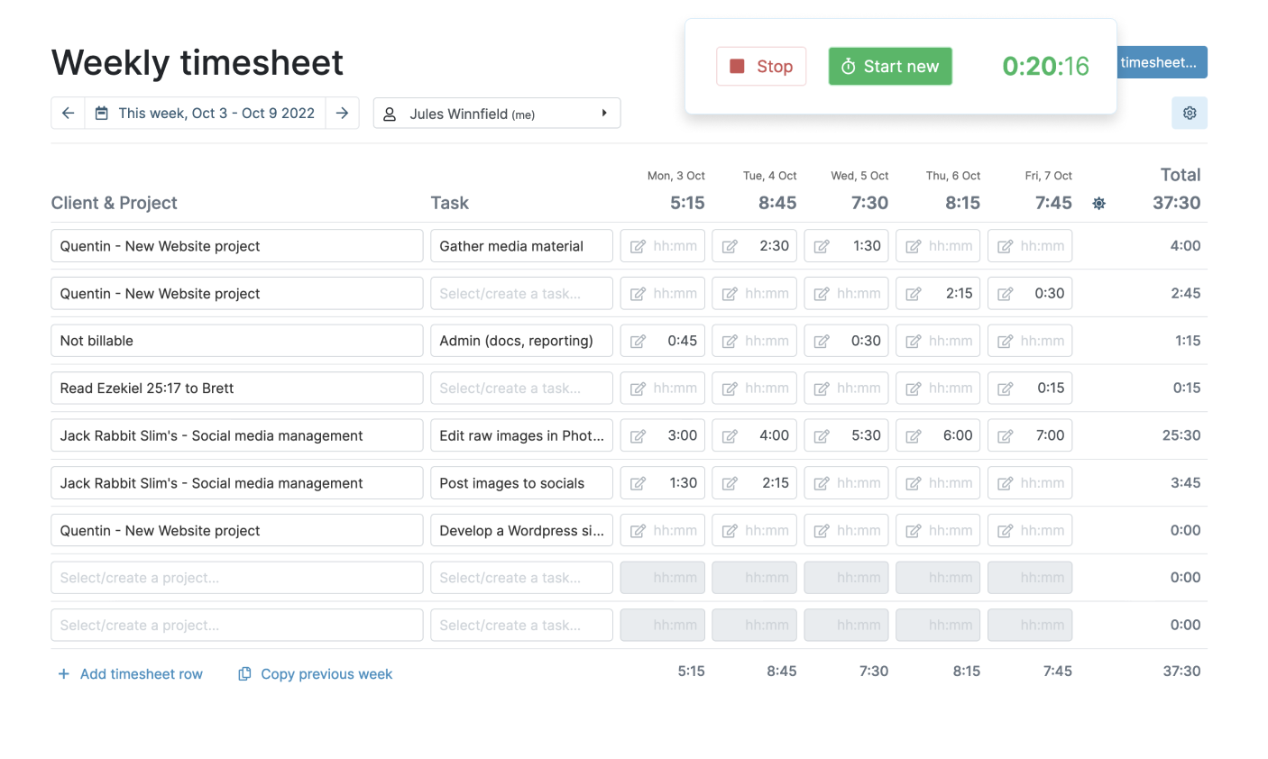 My Hours screenshot - De 10 beste gratis software voor tijdregistratie beoordeeld in 2026