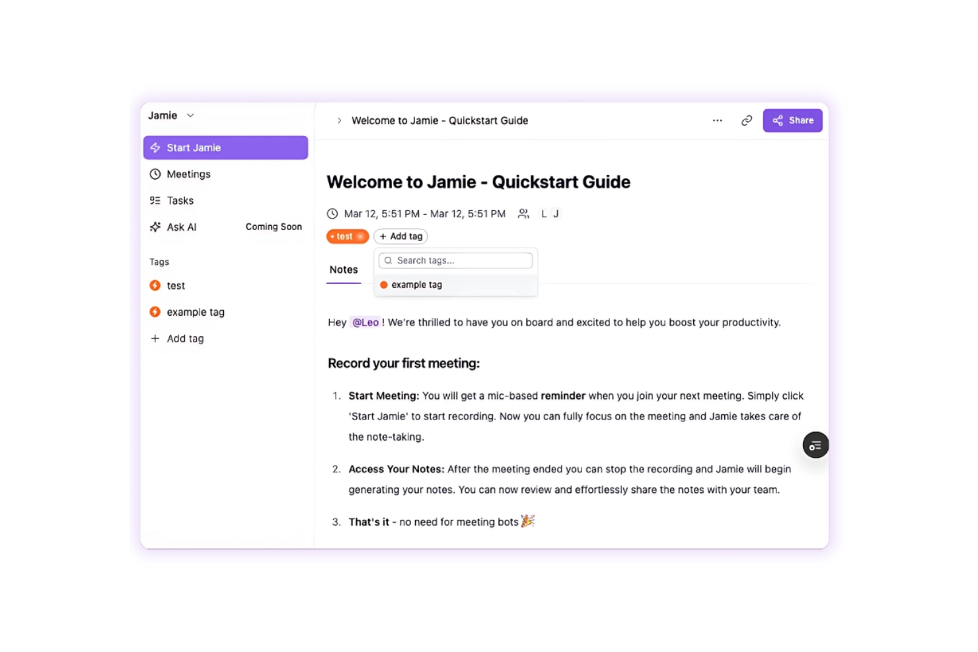 Jamie screenshot - 10 beste apps voor AI-notities beoordeeld in 2026