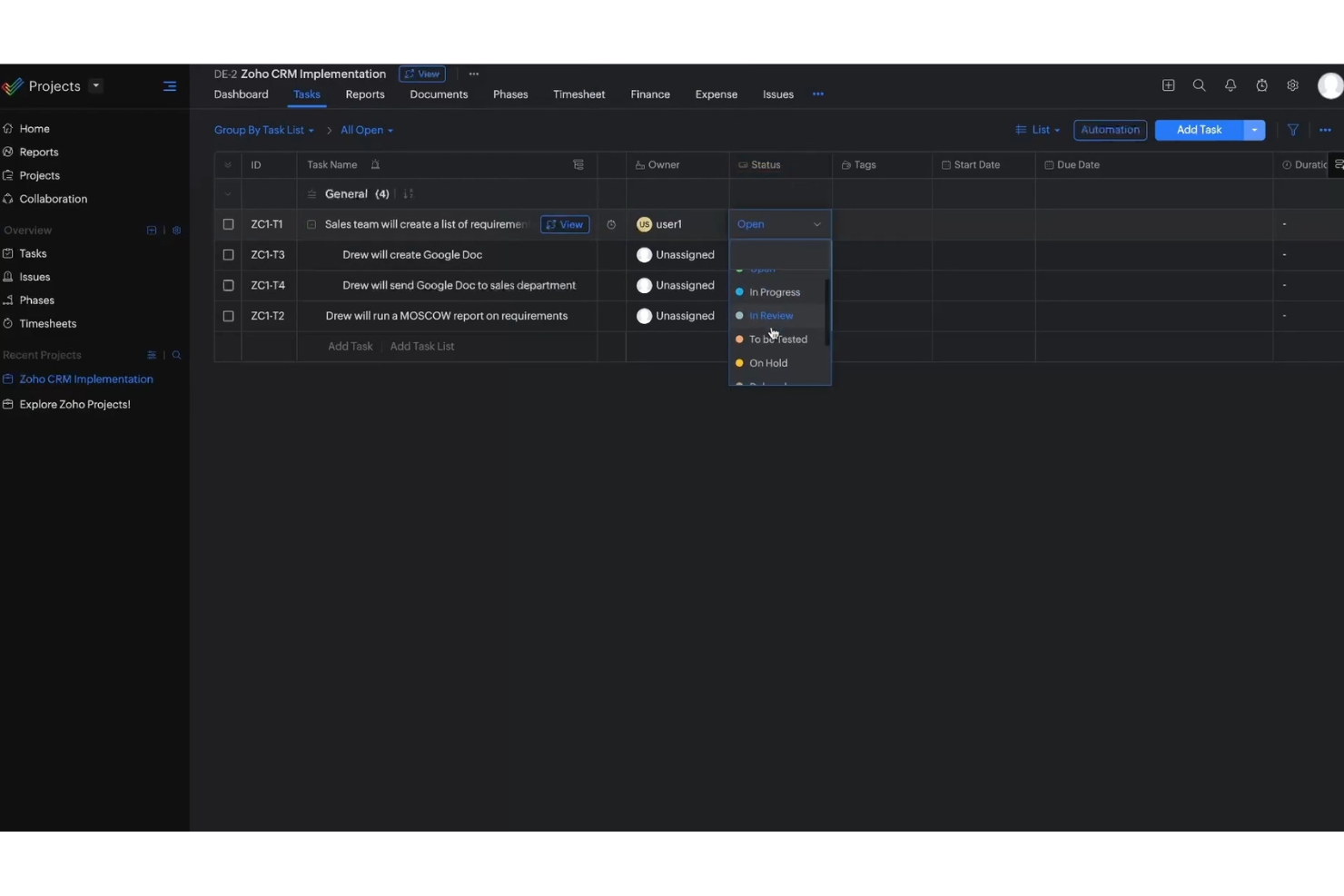 Zoho screenshot - 10 eenvoudigste AI-projectmanagementsoftware beoordeeld in 2026