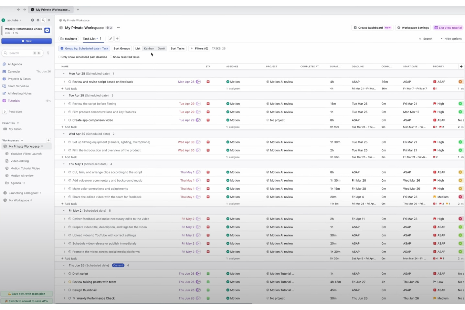Motion screenshot - 10 eenvoudigste AI-projectmanagementsoftware beoordeeld in 2026