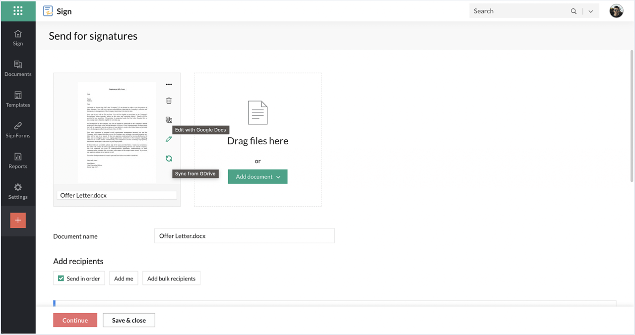 Zoho Sign screenshot - 10 beste gratis software voor e-handtekeningen beoordeeld in 2026