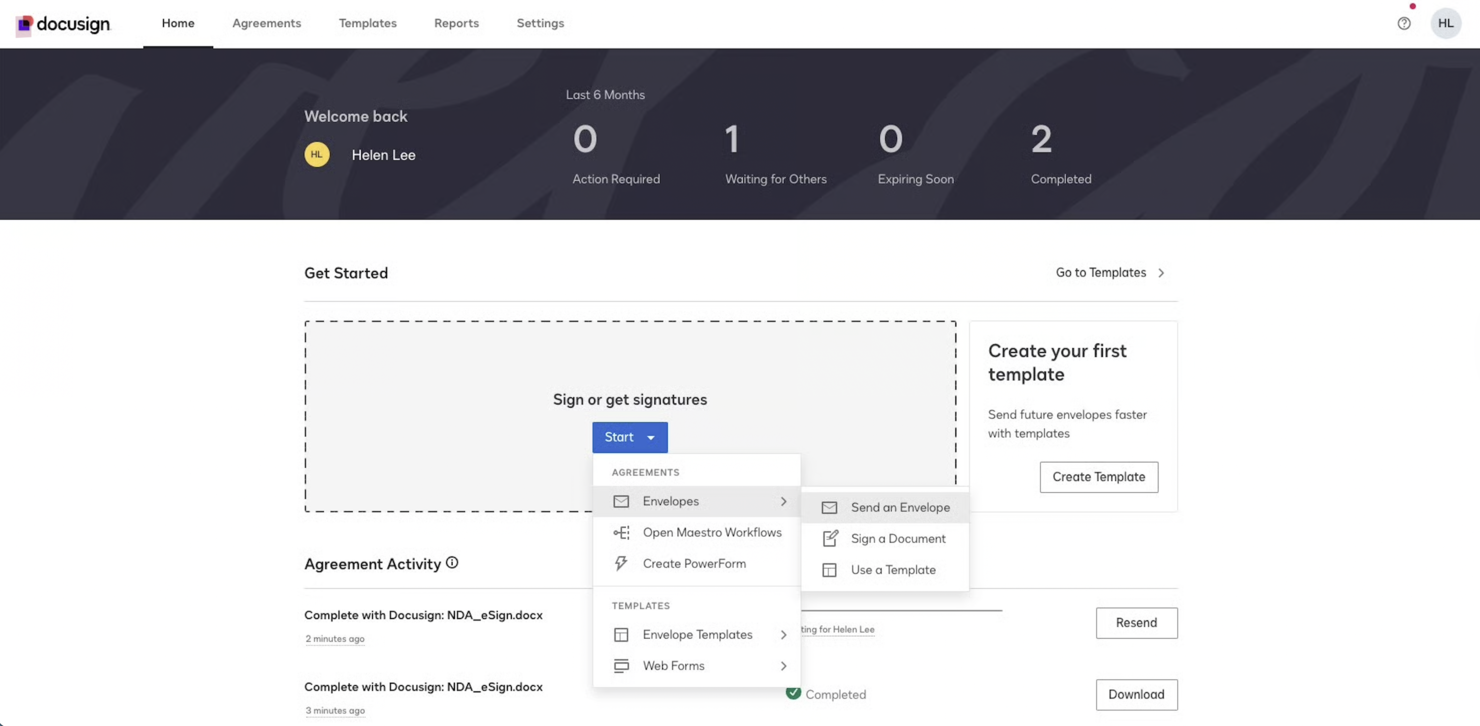 Docusign screenshot - 10 beste gratis software voor e-handtekeningen beoordeeld in 2026