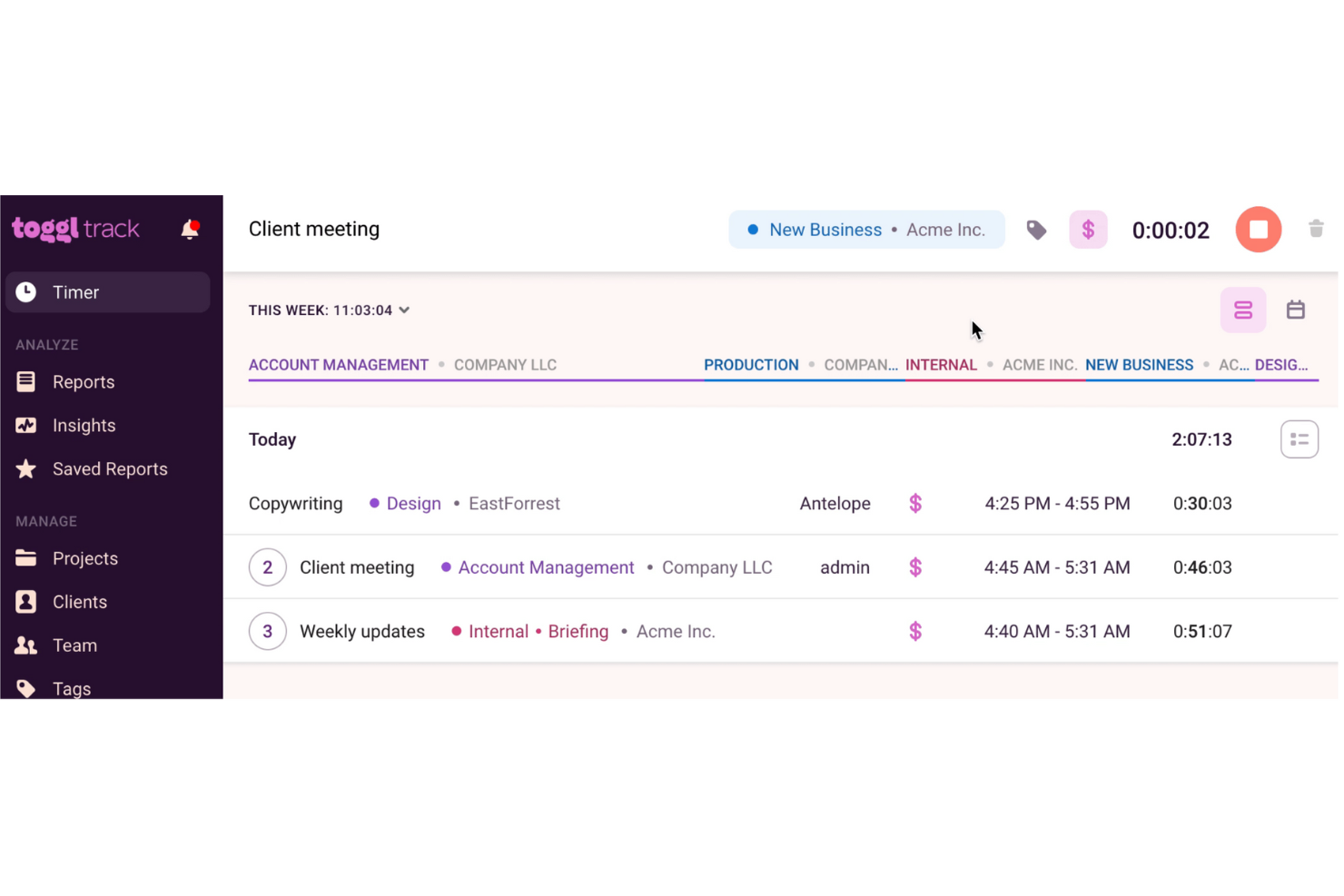 Toggl Track screenshot - 10 beste tijdregistratiesoftware voor accountants in 2026