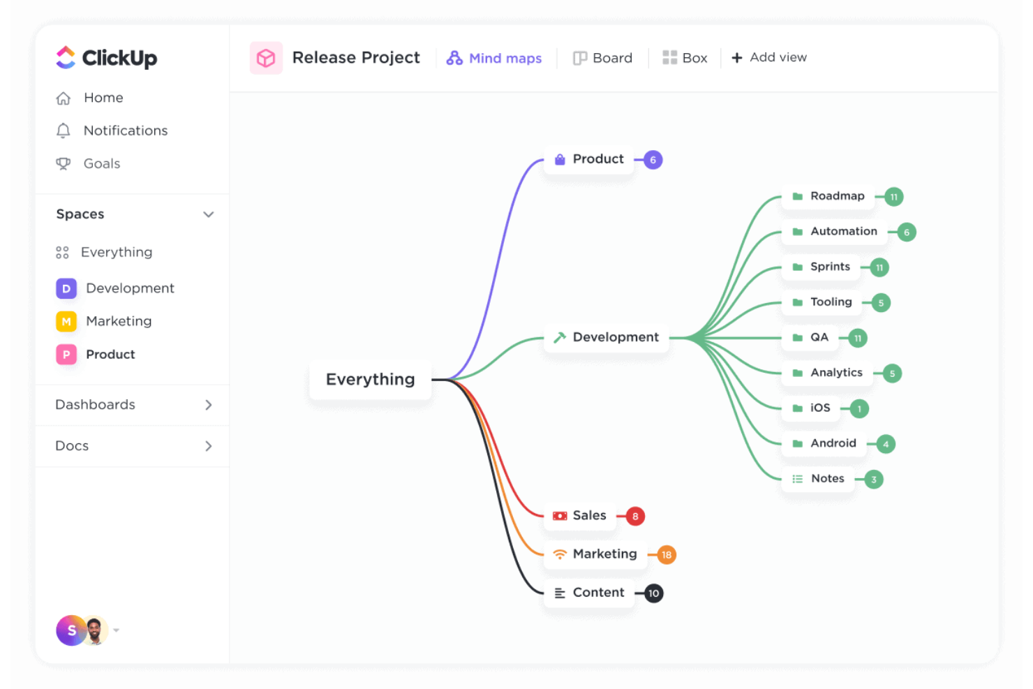 ClickUp screenshot - 10 beste gratis mindmappingsoftware voor creativiteit in 2026