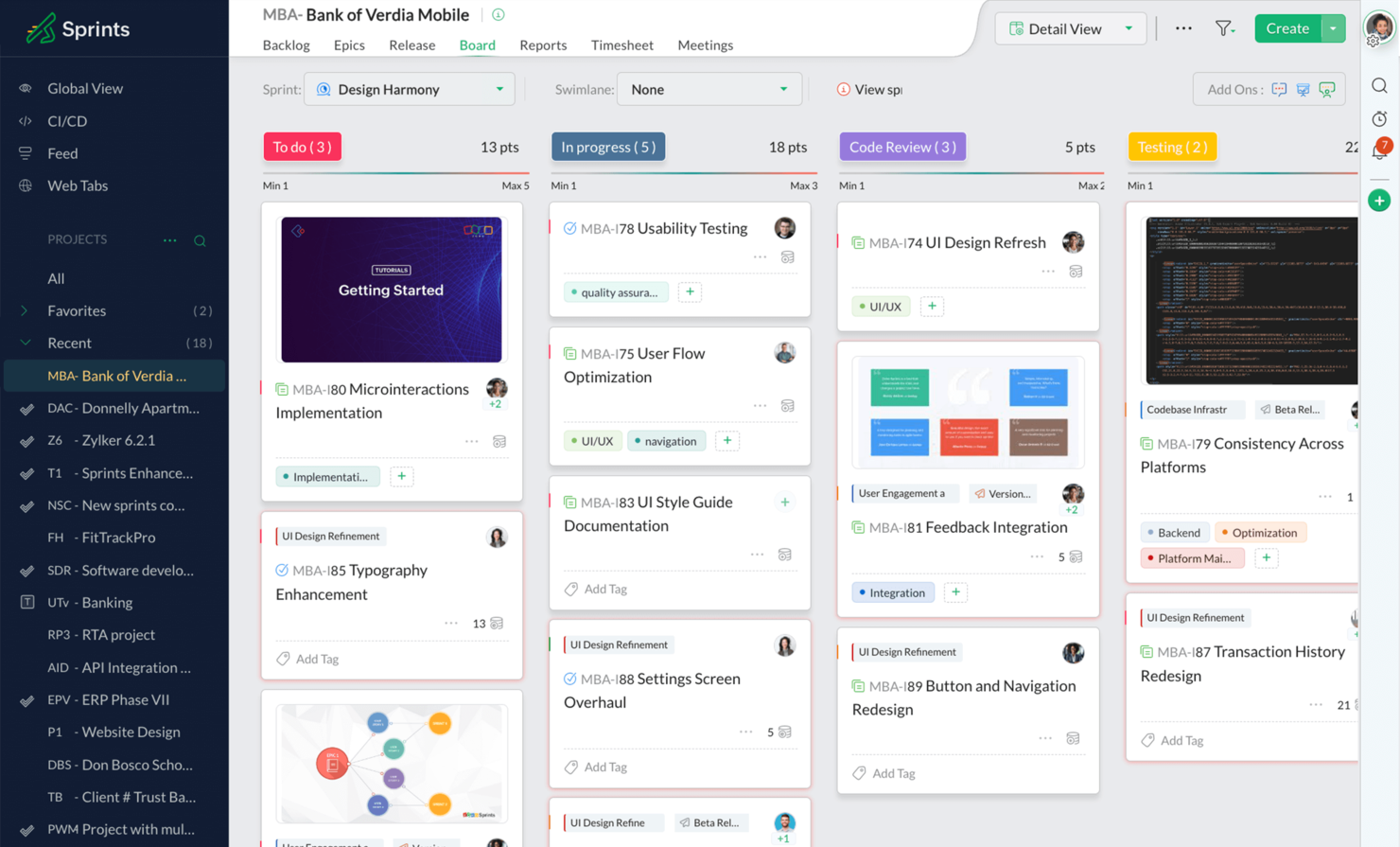 Zoho Sprints screenshot - 10 beste Kanban-software om doorlooptijden te verkorten in 2026