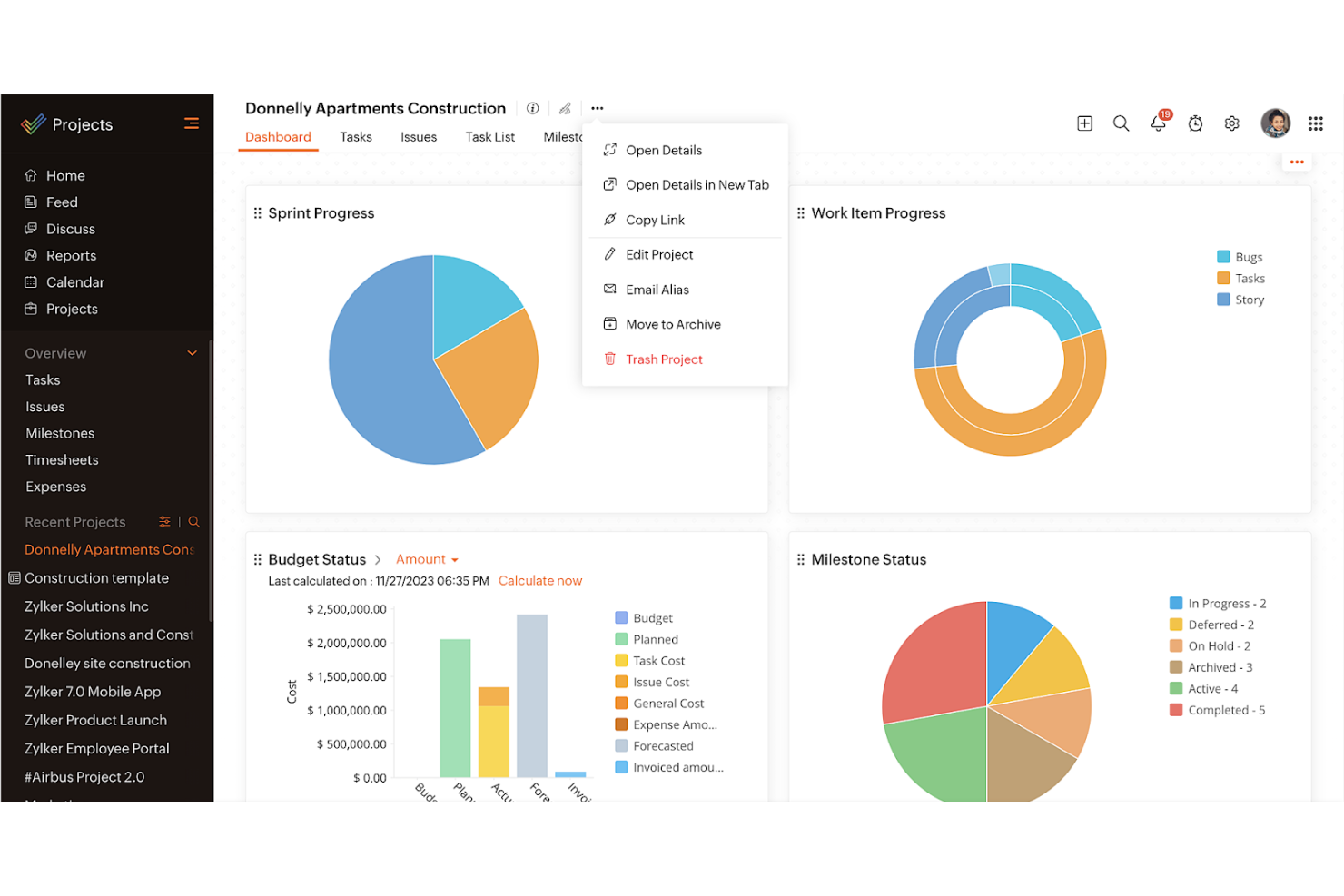 Zoho Projects screenshot - 10 beste alternatieven voor Pipefy voor workflowbeheer in 2026