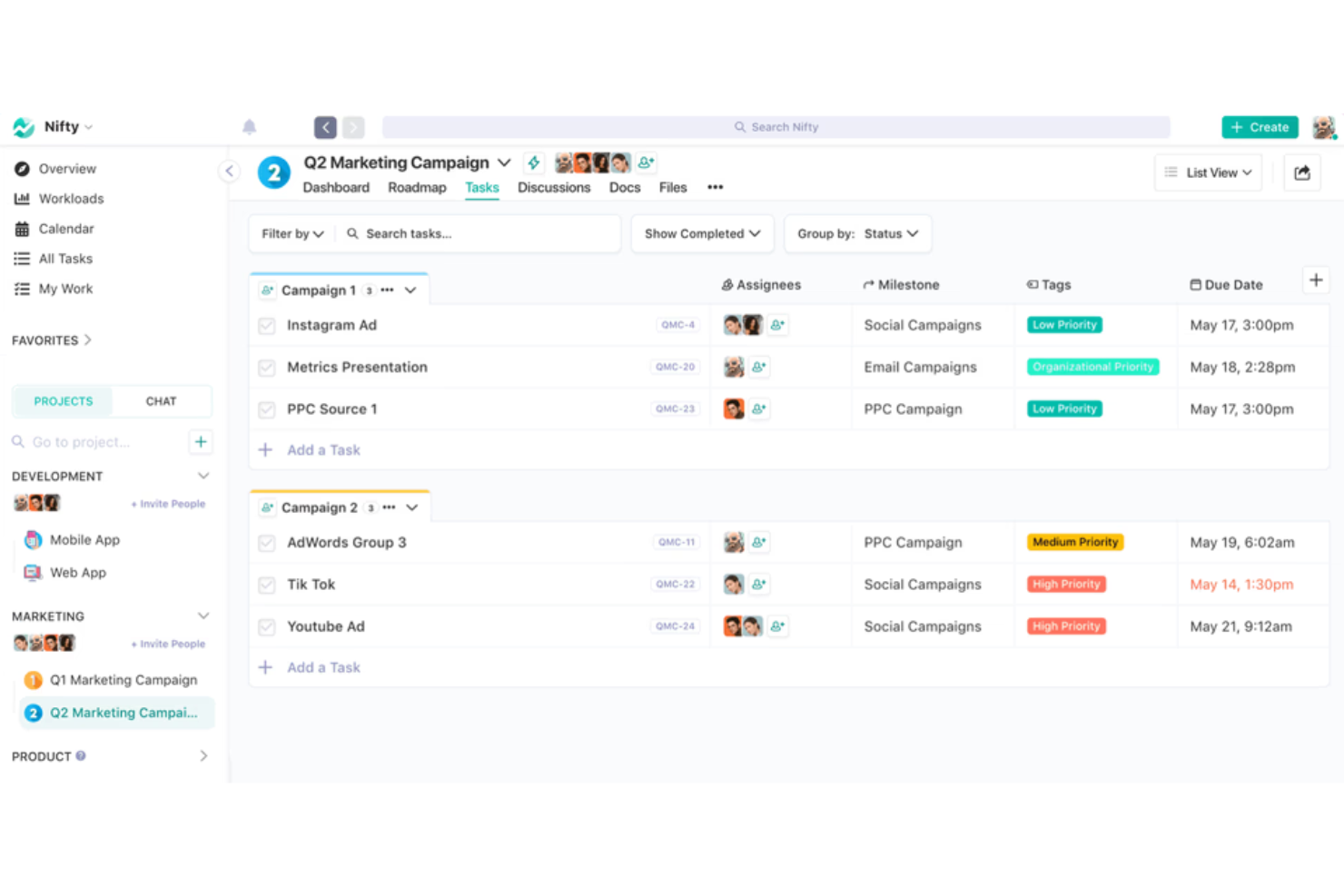 Nifty screenshot - 10 beste persoonlijke projectmanagementsoftware voor 2026