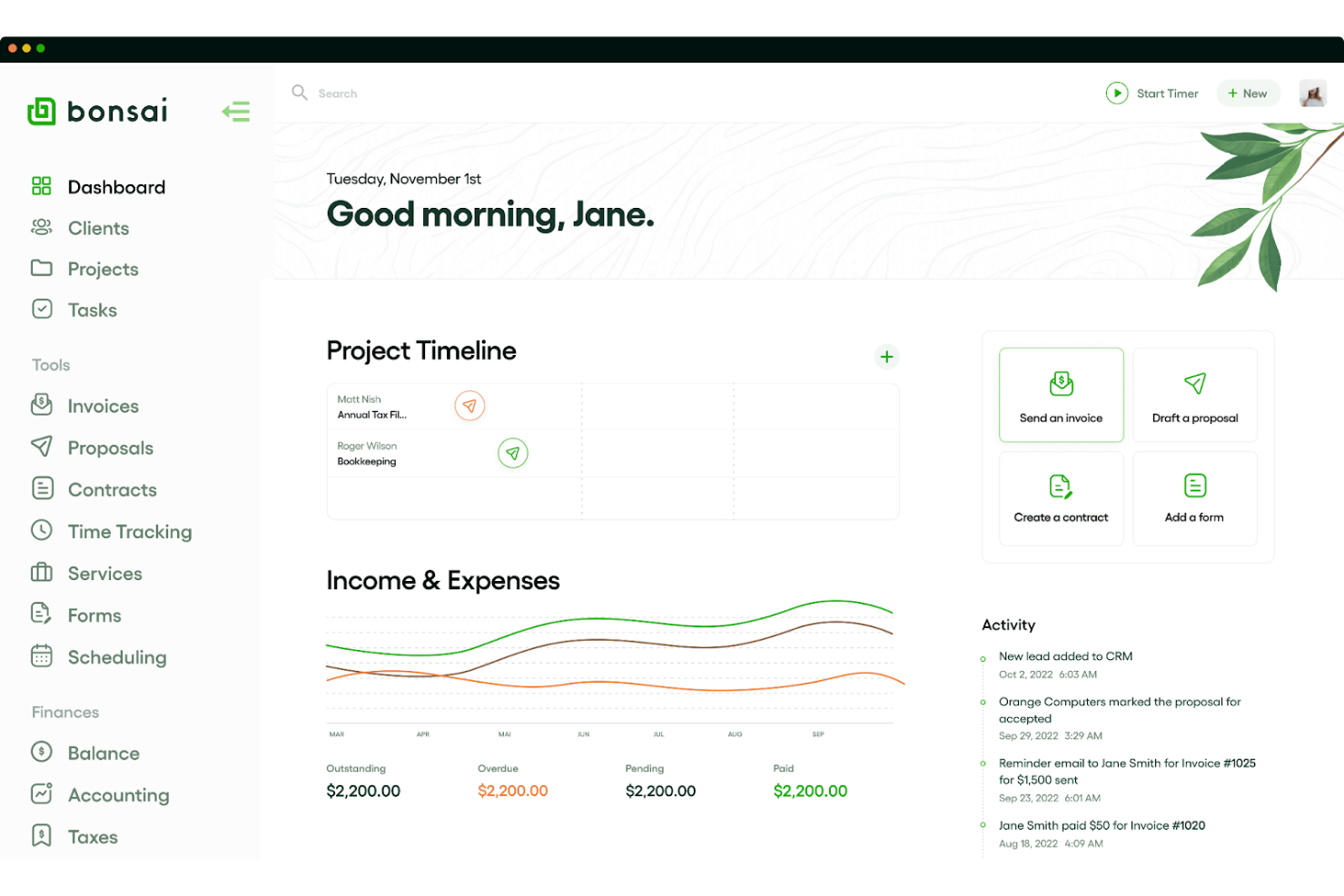 Bonsai screenshot - 10 beste software voor freelanceprojectmanagement voor 2026
