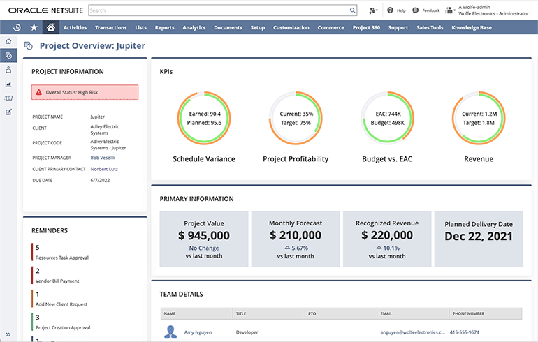 Oracle NetSuite screenshot - 10 beste software voor projectmanagement in de boekhouding voor 2026