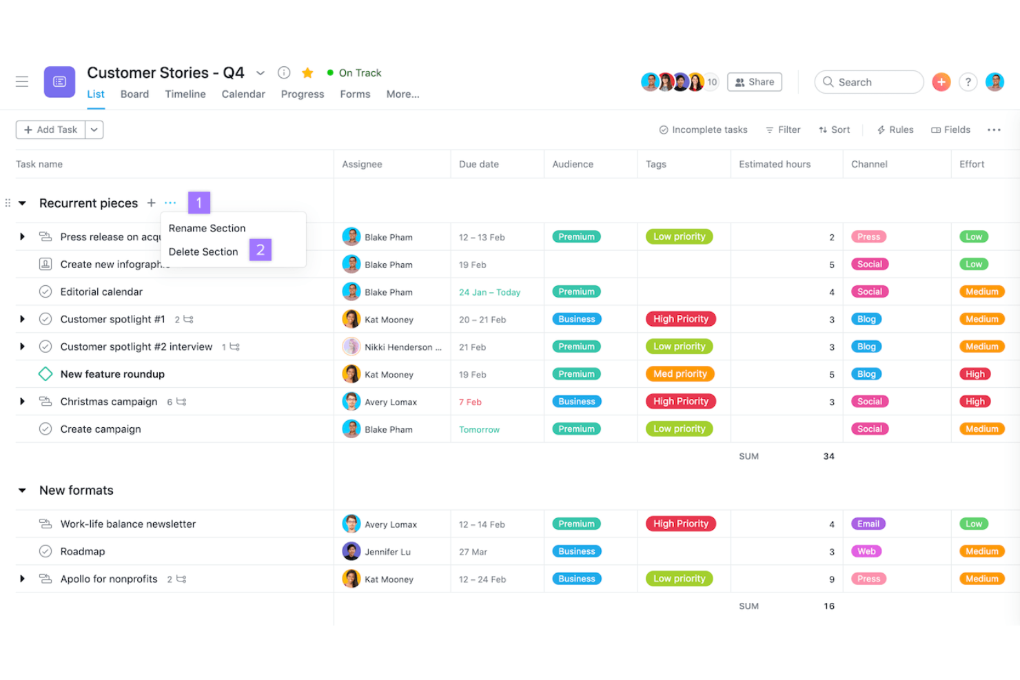 Asana screenshot - 10 gratis productiviteitsapps voor 2026