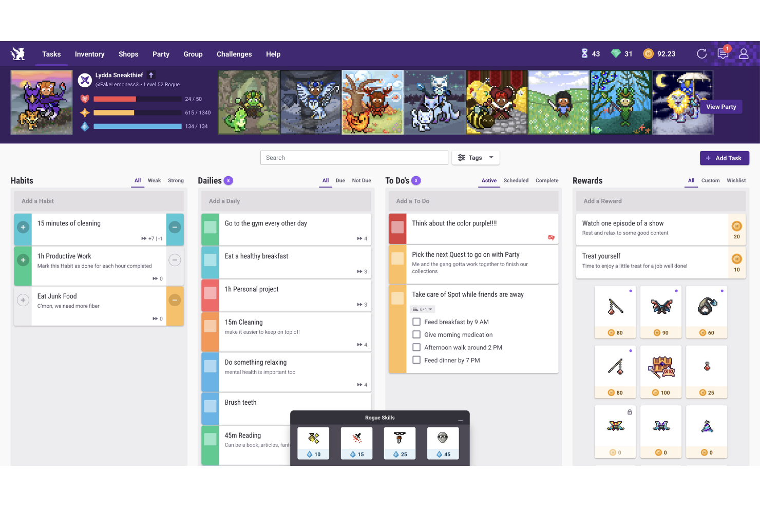 Habitica screenshot - 10 gratis productiviteitsapps voor 2026