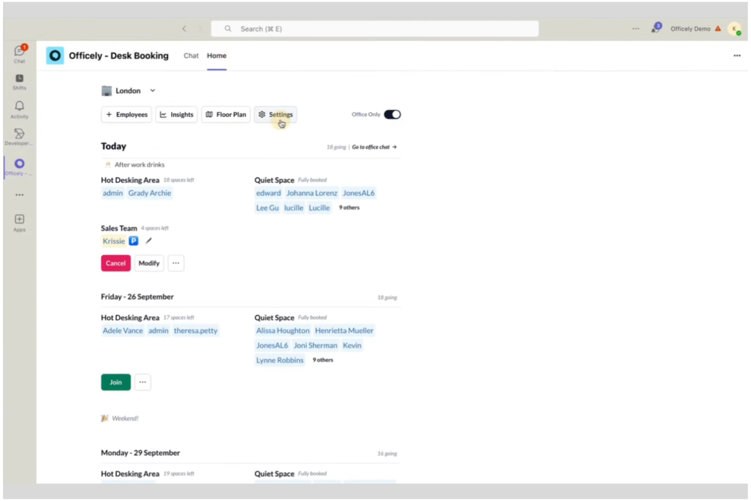 Officely screenshot - 10 beste gratis software voor het reserveren van flexibele werkplekken in 2026