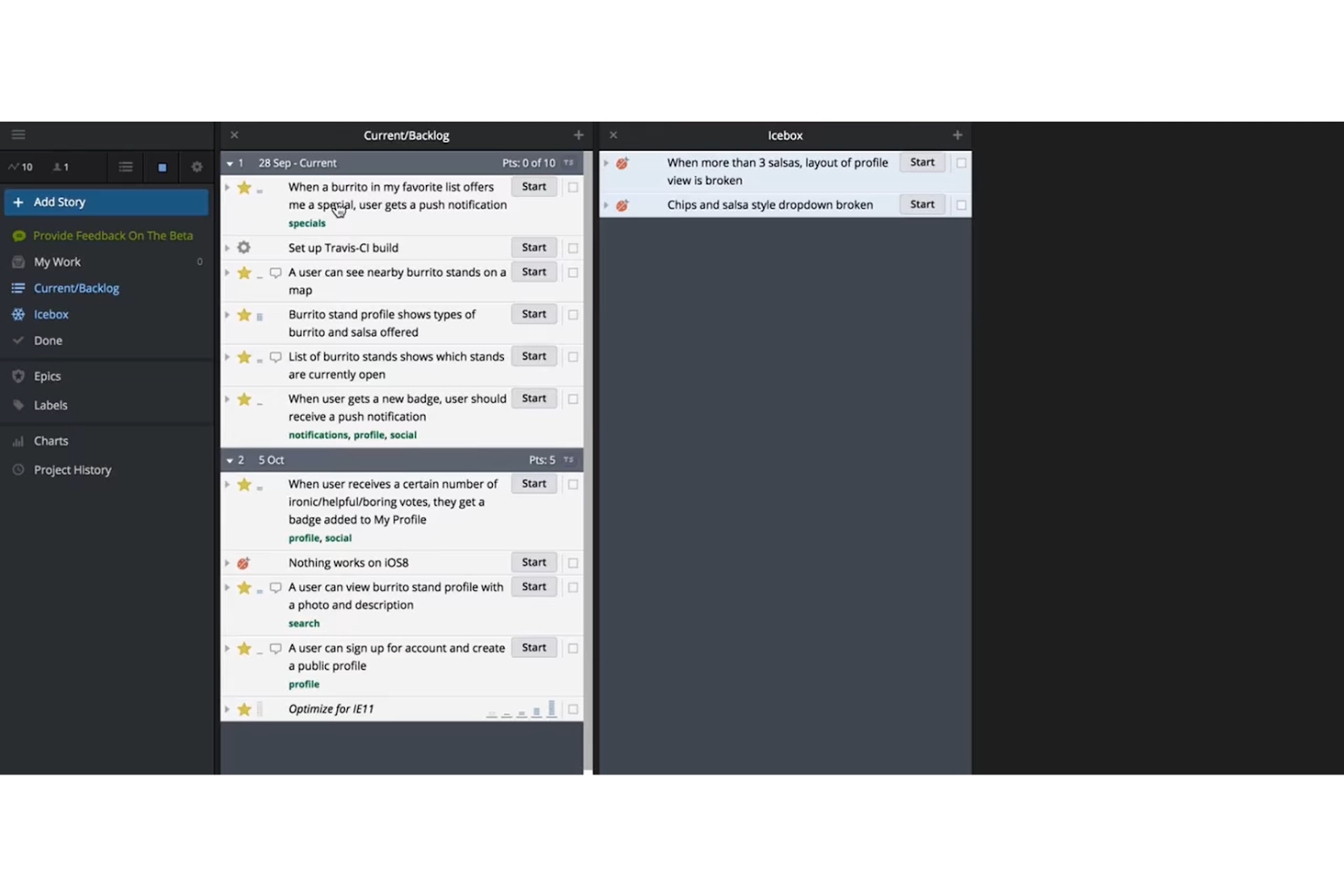 Pivotal Tracker screenshot - 10 beste agile taakborden beoordeeld in 2026